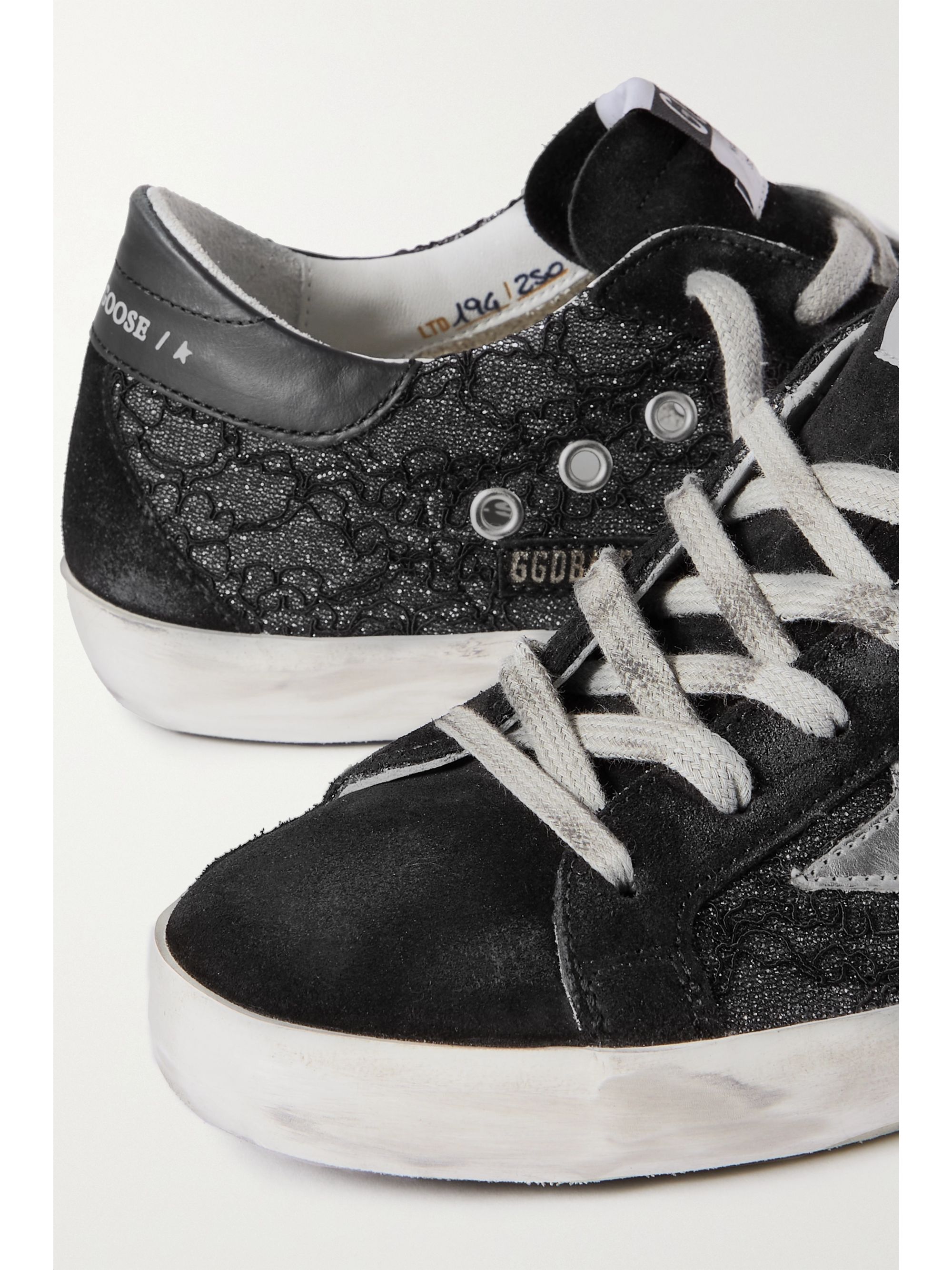 Black Superstar distressed suede, leather and glittered lace sneakers | GOLDEN GOOSE | NET-A-PORTER