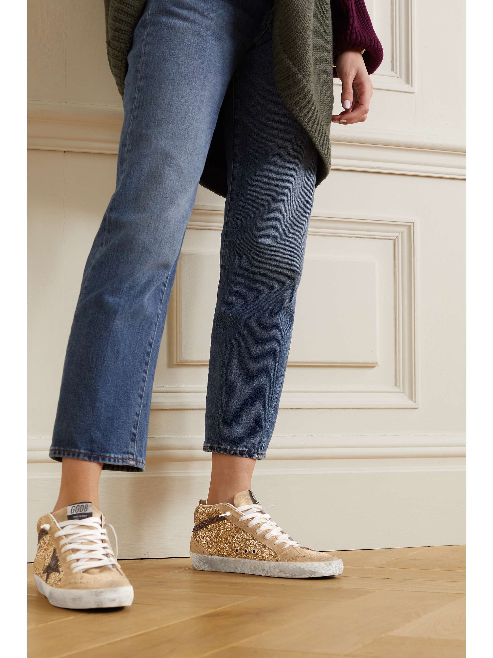 GOLDEN GOOSE Midstar glittered distressed suede high-top sneakers |  NET-A-PORTER