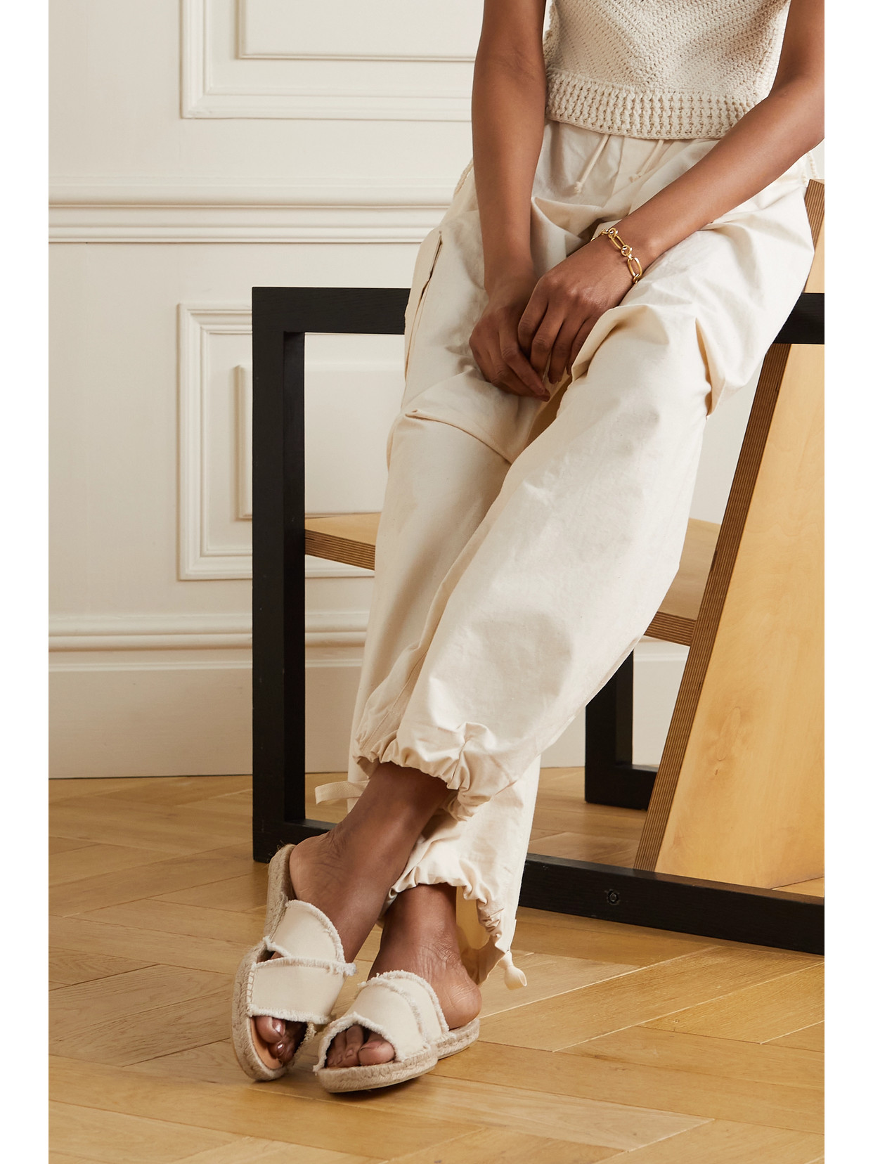 Castaã±er Palmera Sand Canvas Criss Cross Slide Sandals In Cream