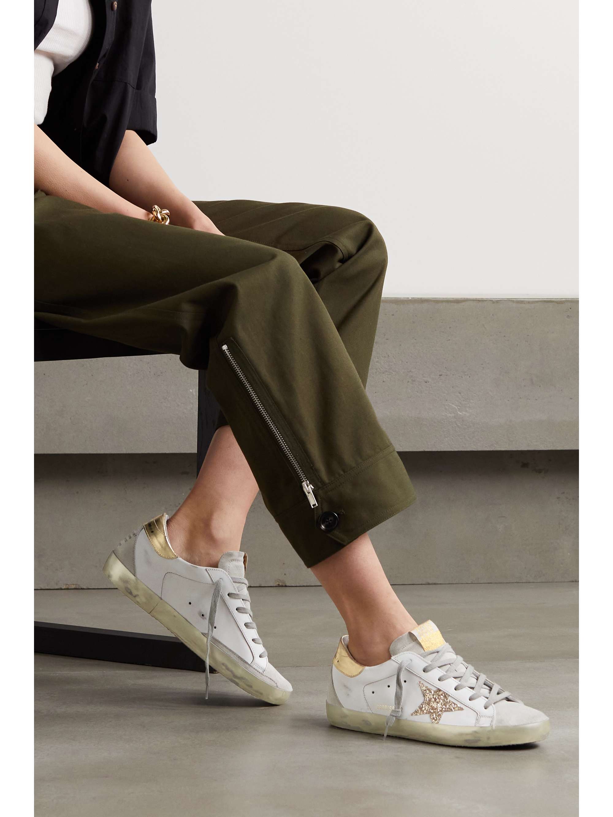 GOLDEN GOOSE Superstar distressed glittered leather sneakers | NET-A-PORTER