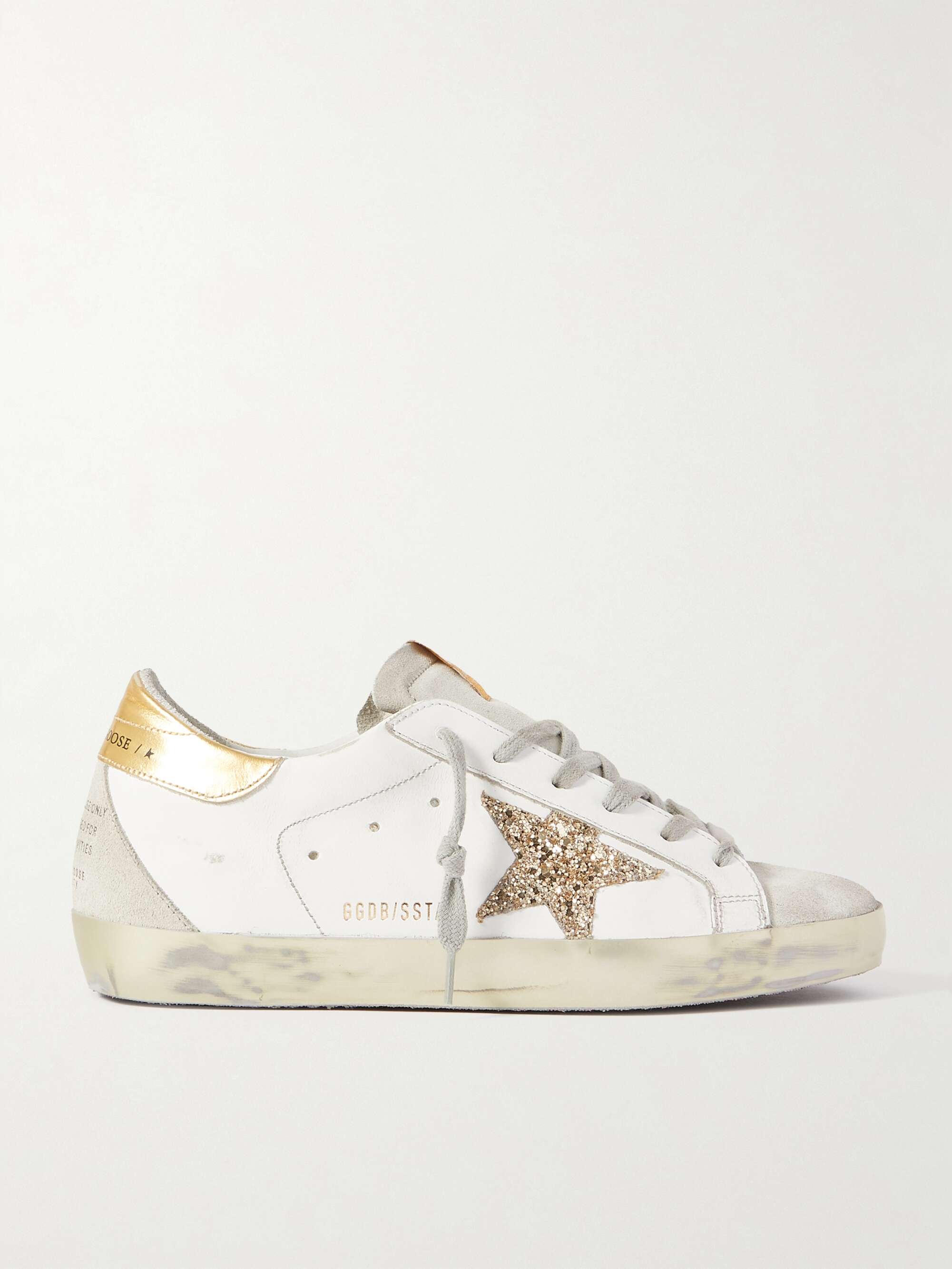 GOLDEN GOOSE Superstar distressed glittered leather sneakers | NET-A-PORTER