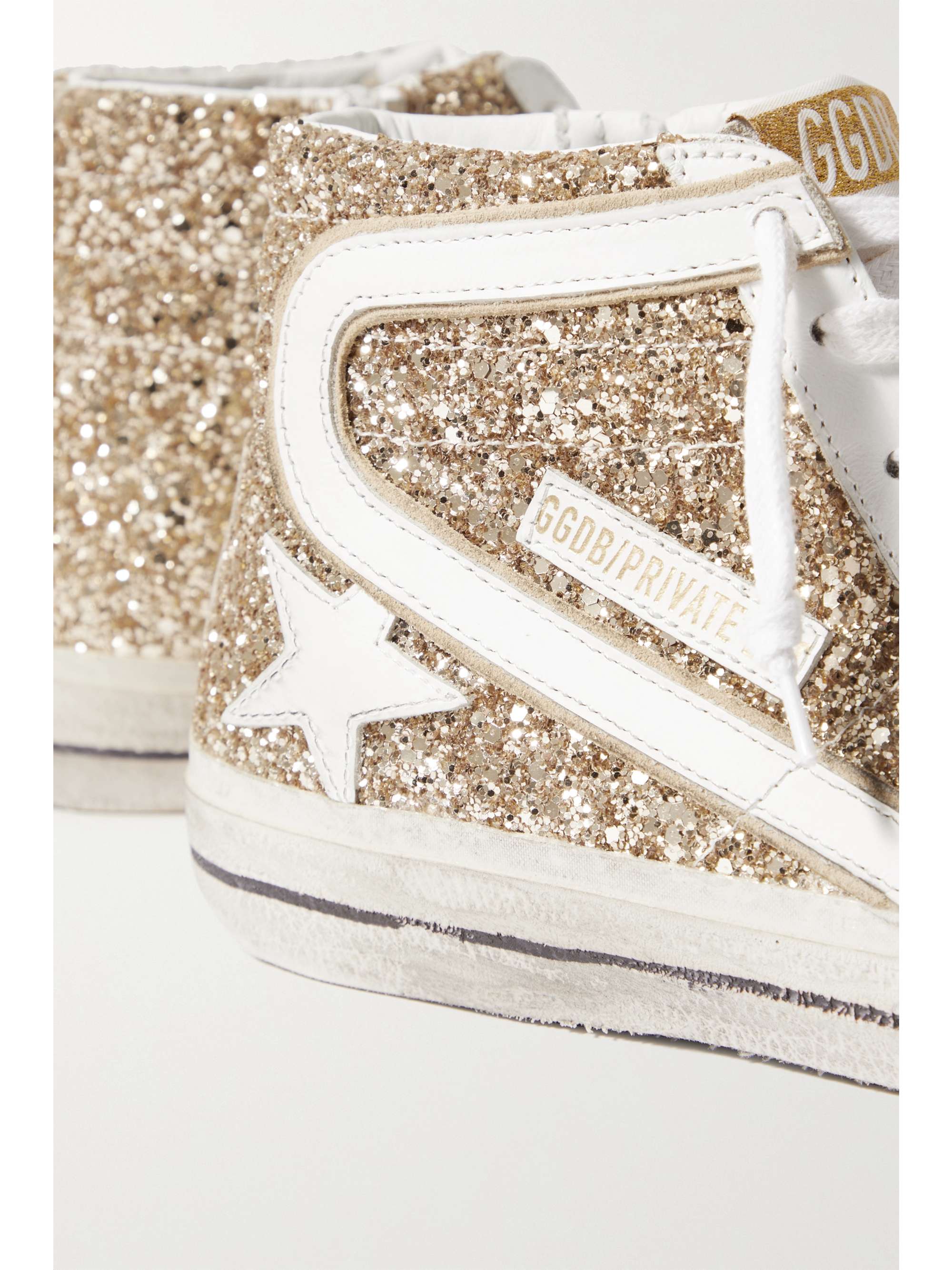 GOLDEN GOOSE Slide distressed suede-trimmed leather and Lurex high-top sneakers