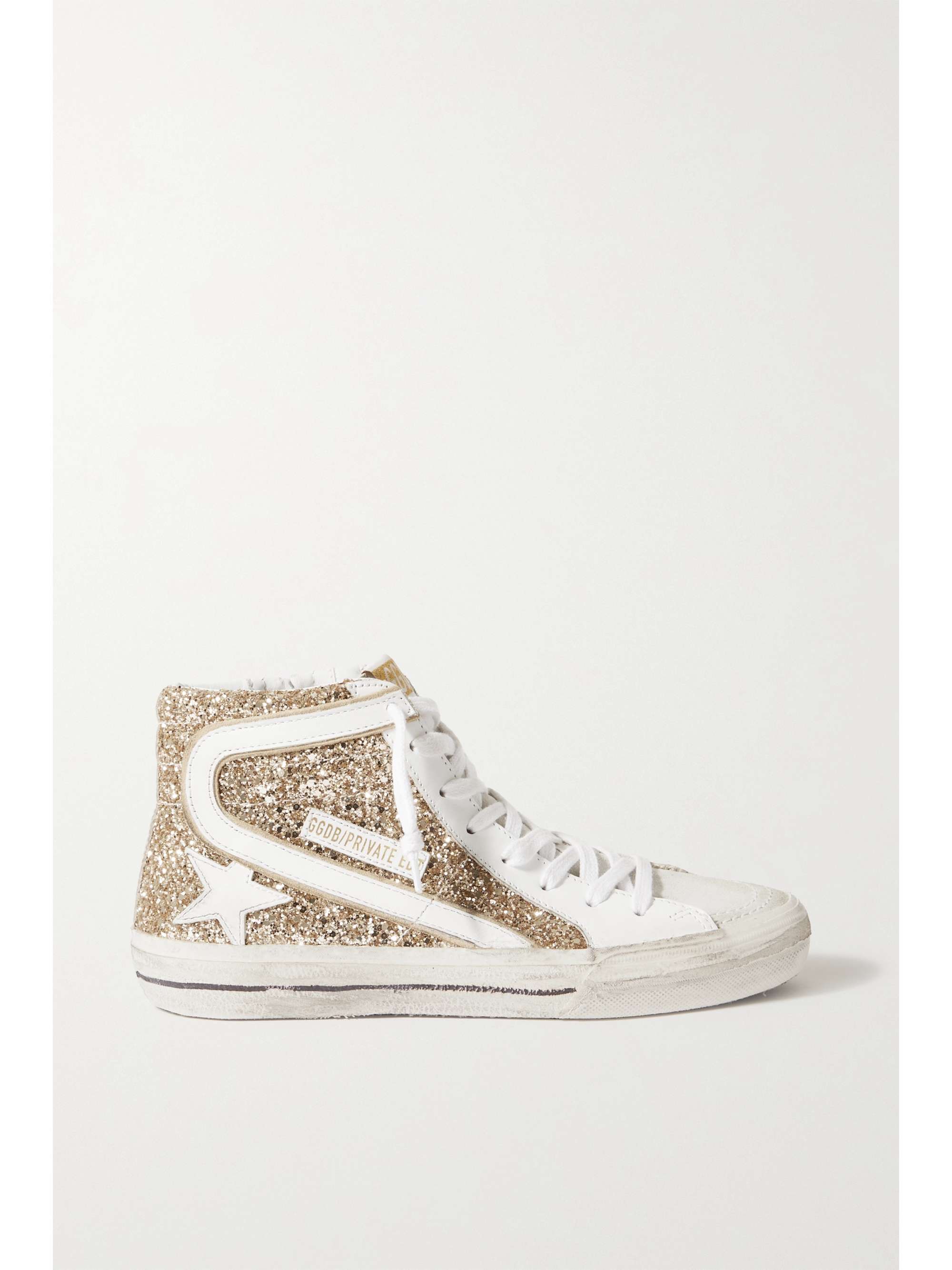 GOLDEN GOOSE Slide distressed glittered leather high-top sneakers |  NET-A-PORTER