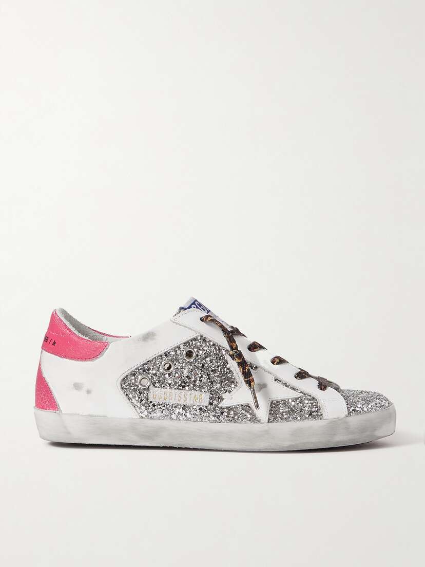Golden Goose Superstar Distressed Glittered Leather Sneakers