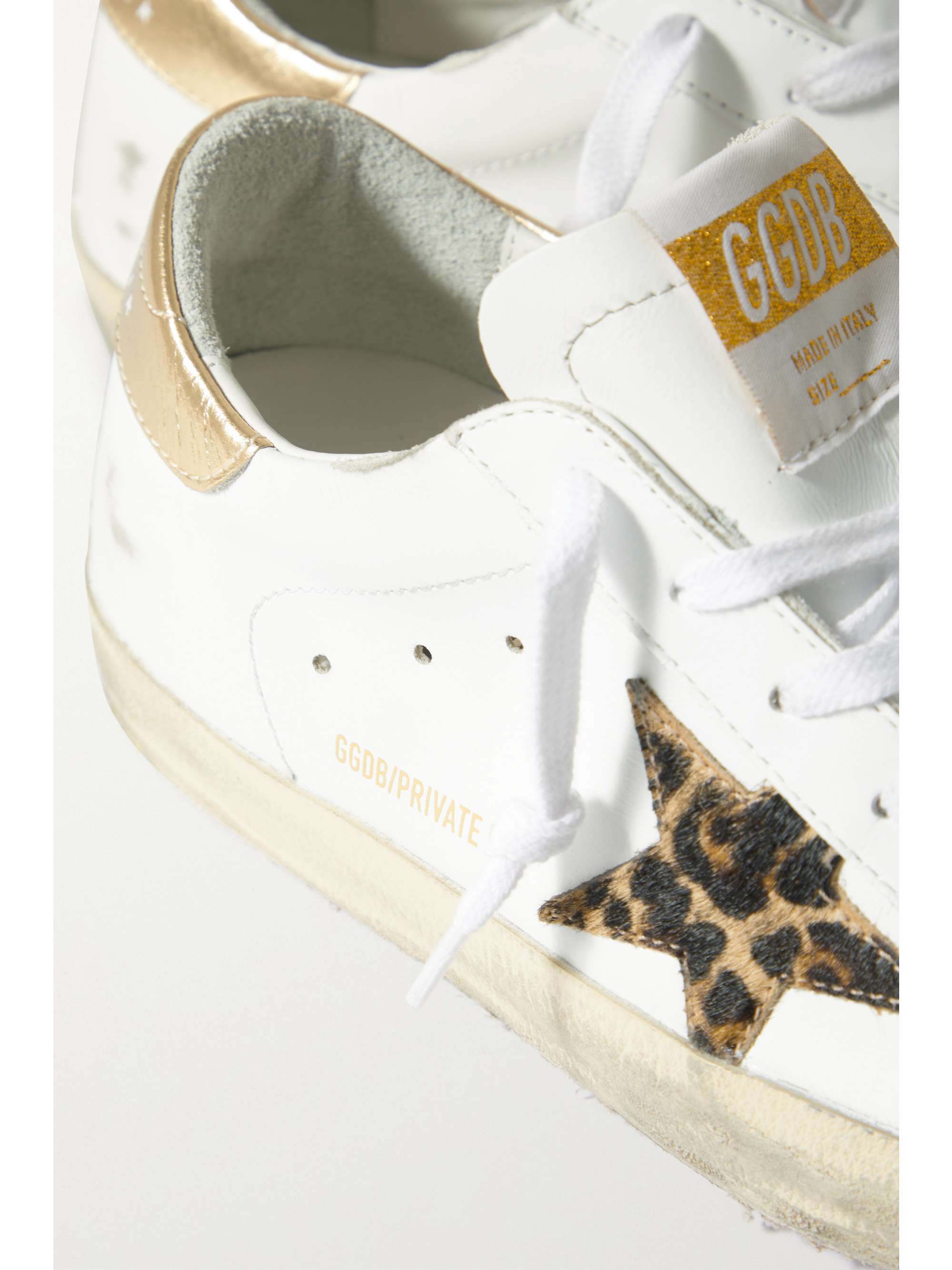 GOLDEN GOOSE Superstar distressed leopard-print calf hair-trimmed leather sneakers