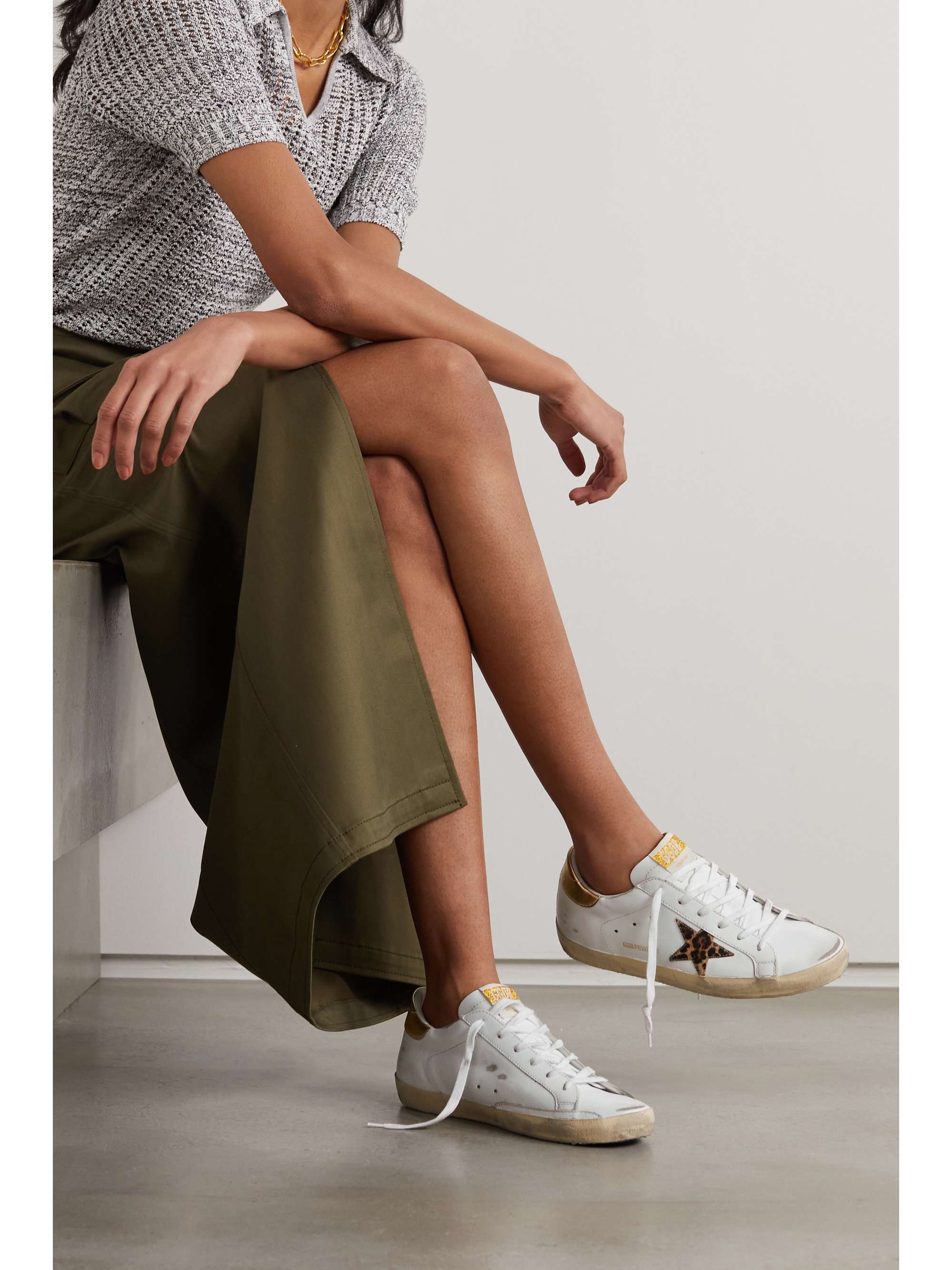 GOLDEN GOOSE Superstar distressed leopard-print calf hair-trimmed leather sneakers