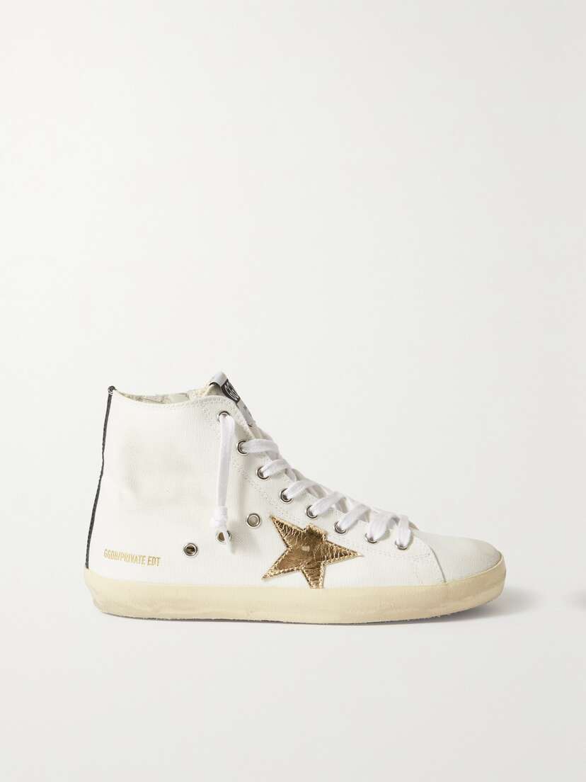 Golden Goose Slide Distressed Metallic Leather-trimmed Canvas High-top Sneakers