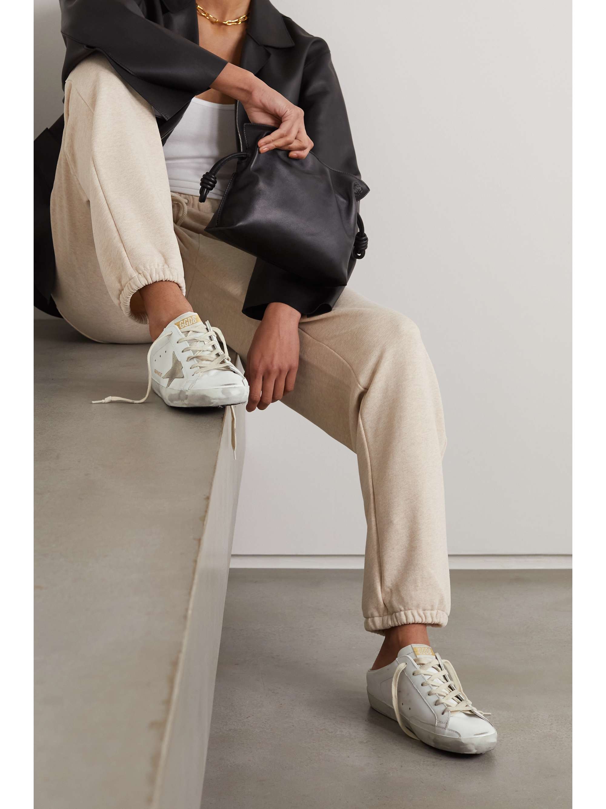 GOLDEN GOOSE Superstar distressed suede-trimmed leather mules