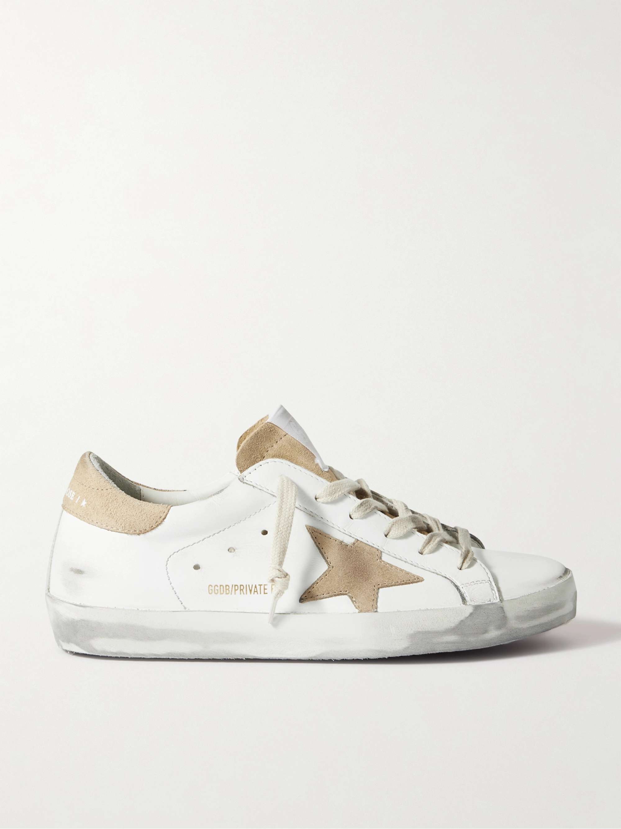 White Superstar distressed suede-trimmed leather sneakers | GOLDEN ...