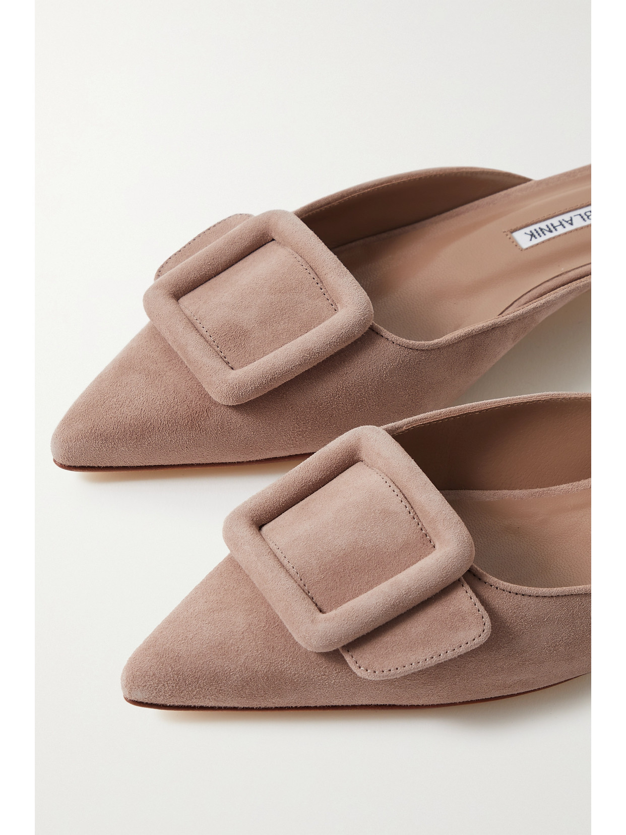 Shop Manolo Blahnik Maysale Buckled Suede Point-toe Flats In Tan