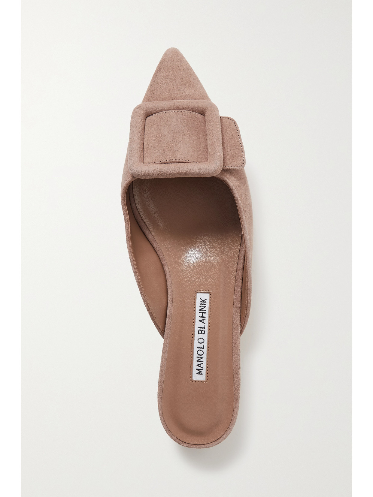 Shop Manolo Blahnik Maysale Buckled Suede Point-toe Flats In Tan