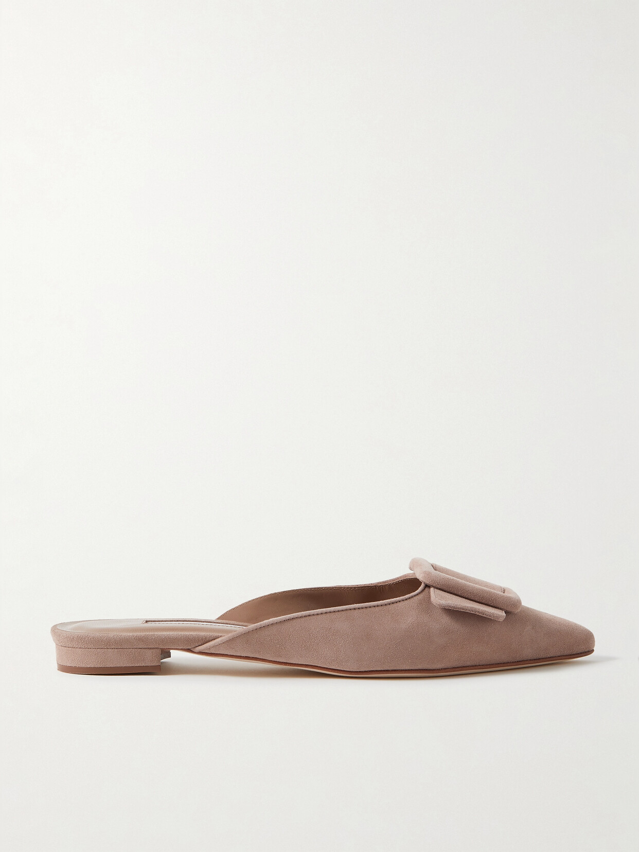 Shop Manolo Blahnik Maysale Buckled Suede Point-toe Flats In Tan