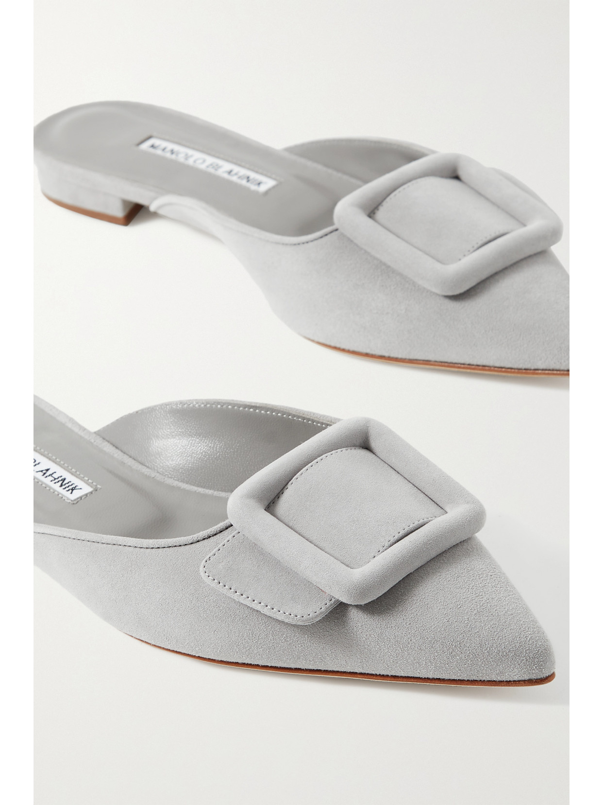 Manolo Blahnik Maysale Suede Buckle Ballerina Mules In Light Gray
