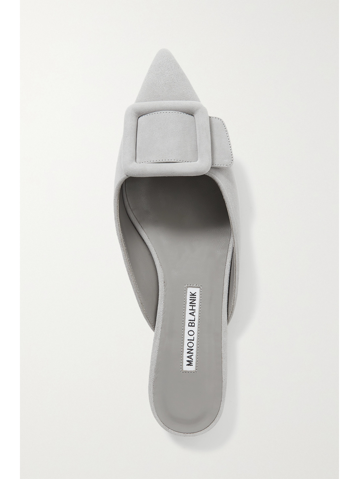 Manolo Blahnik Maysale Suede Buckle Ballerina Mules In Light Gray