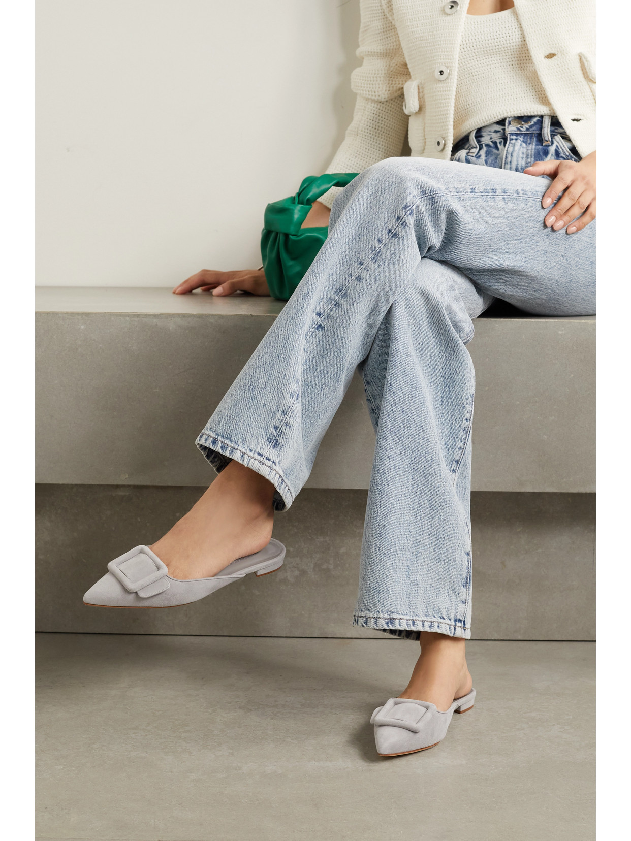 Manolo Blahnik Maysale Suede Buckle Ballerina Mules In Light Gray