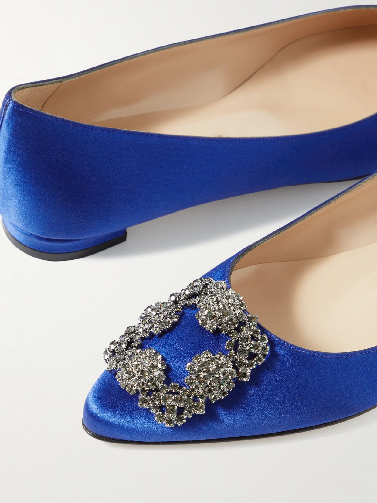 Shop Manolo Blahnik Hangisi Embellished Satin Point-toe Flats In Royal Blue