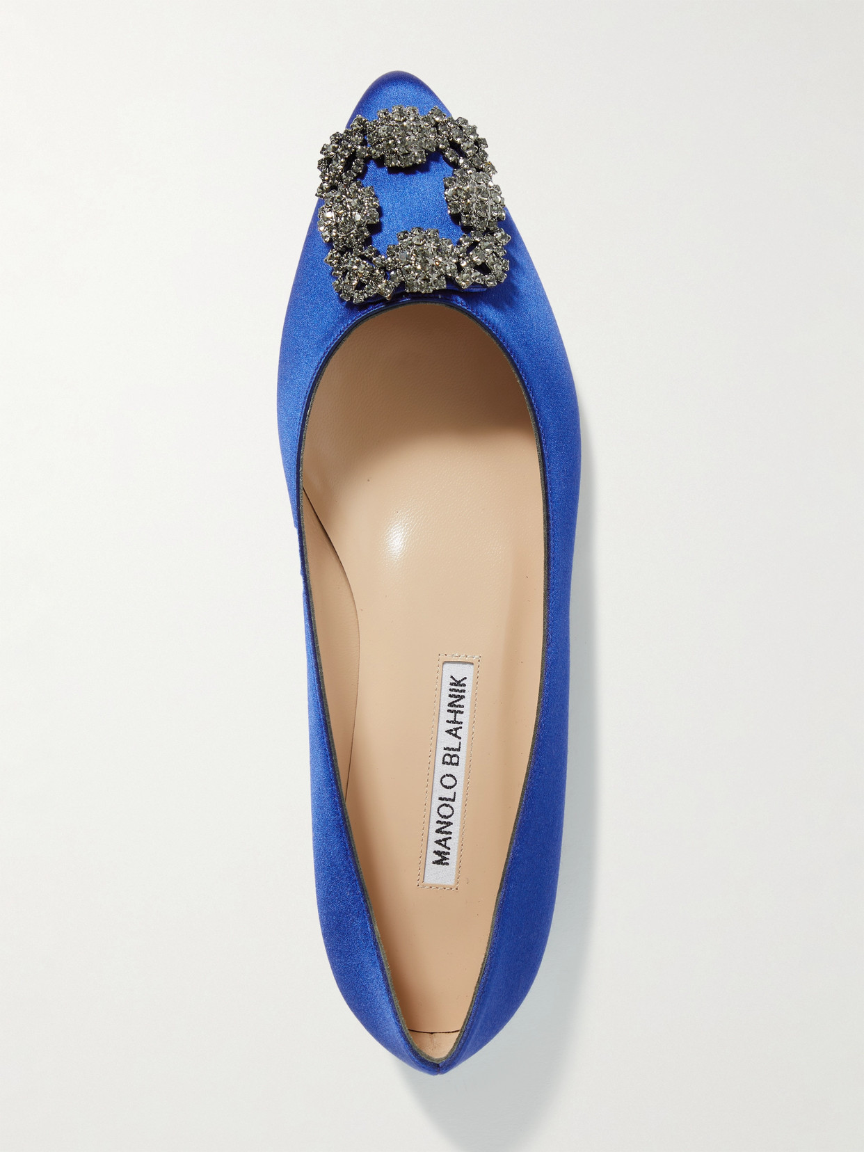 Shop Manolo Blahnik Hangisi Embellished Satin Point-toe Flats In Royal Blue