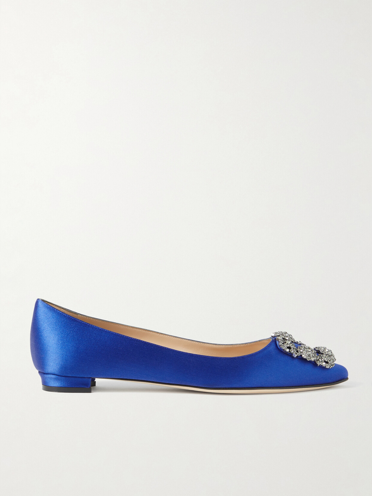 Shop Manolo Blahnik Hangisi Embellished Satin Point-toe Flats In Royal Blue