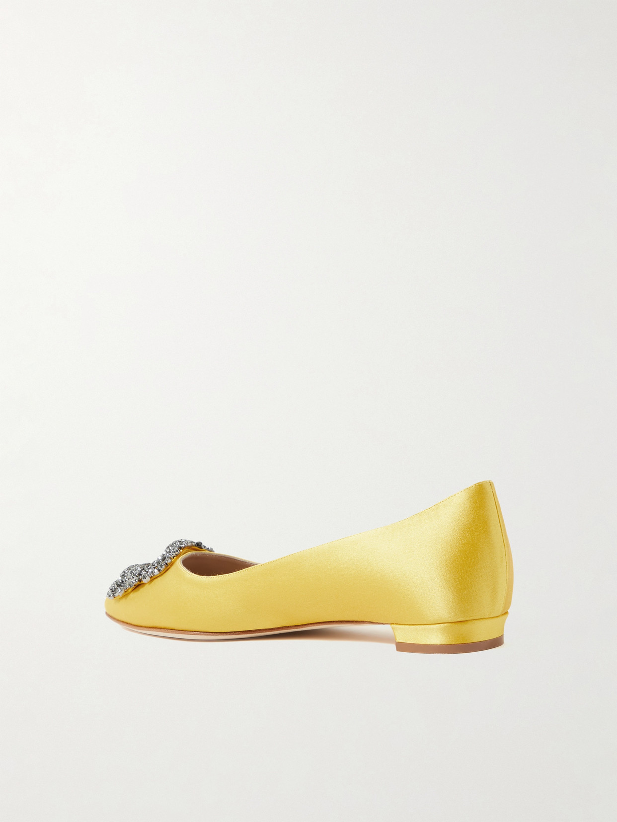 Shop Manolo Blahnik Hangisi Crystal-embellished Satin Point-toe Flats In Yellow