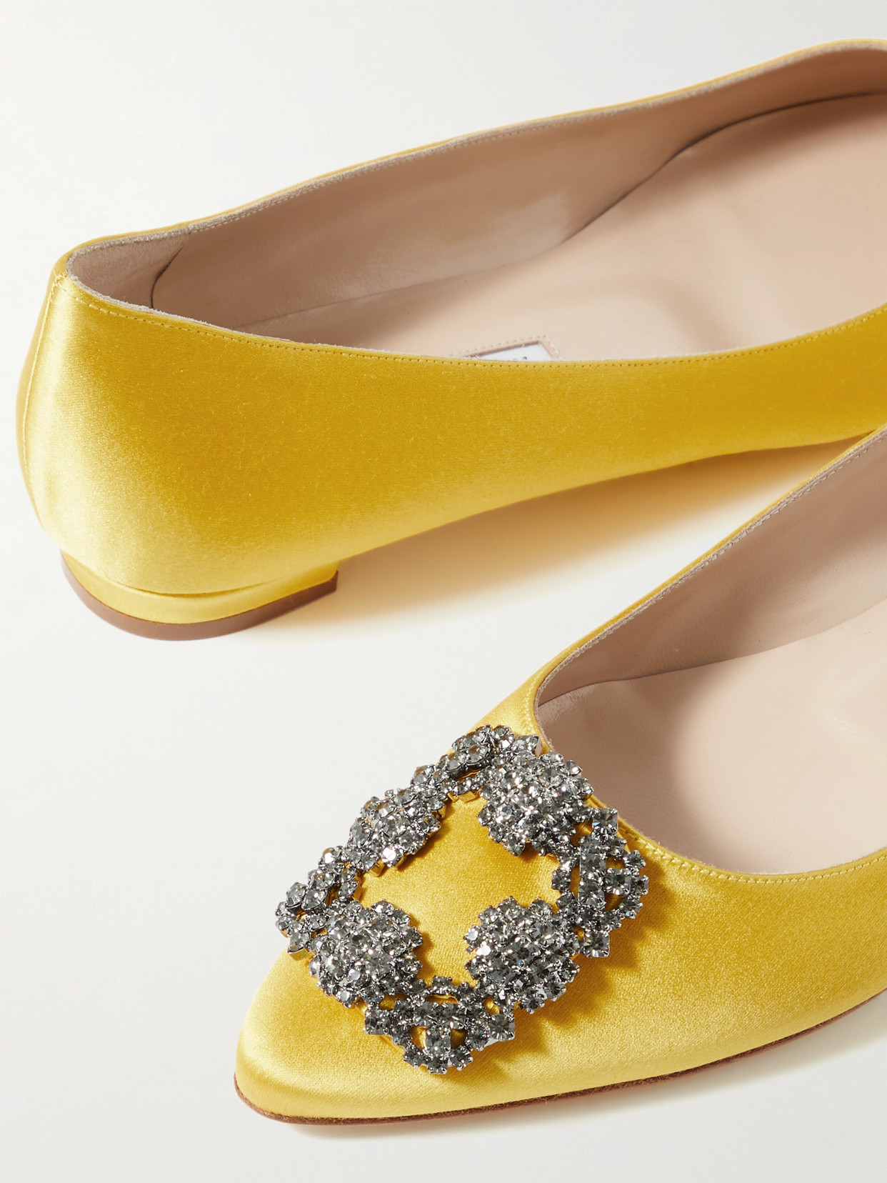 Shop Manolo Blahnik Hangisi Crystal-embellished Satin Point-toe Flats In Yellow