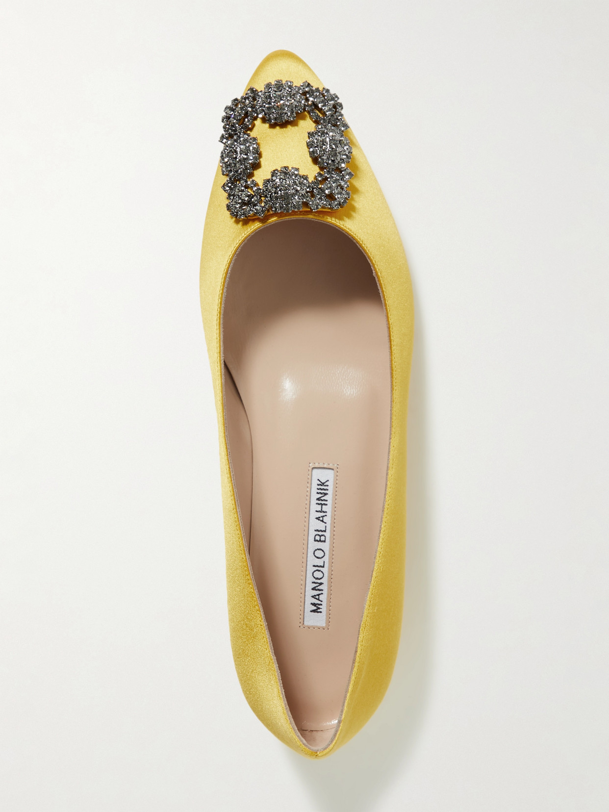 Shop Manolo Blahnik Hangisi Crystal-embellished Satin Point-toe Flats In Yellow