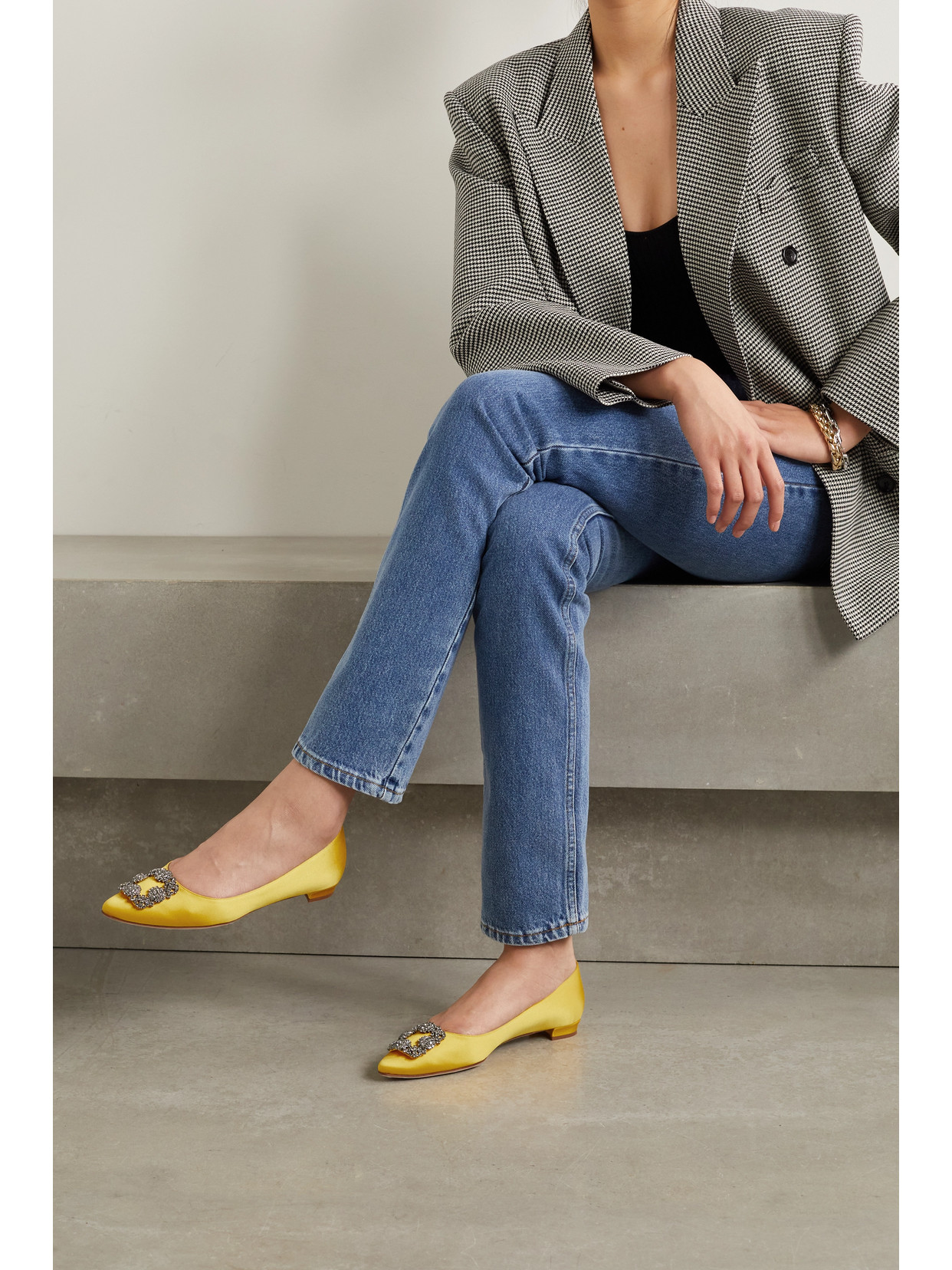 Shop Manolo Blahnik Hangisi Crystal-embellished Satin Point-toe Flats In Yellow