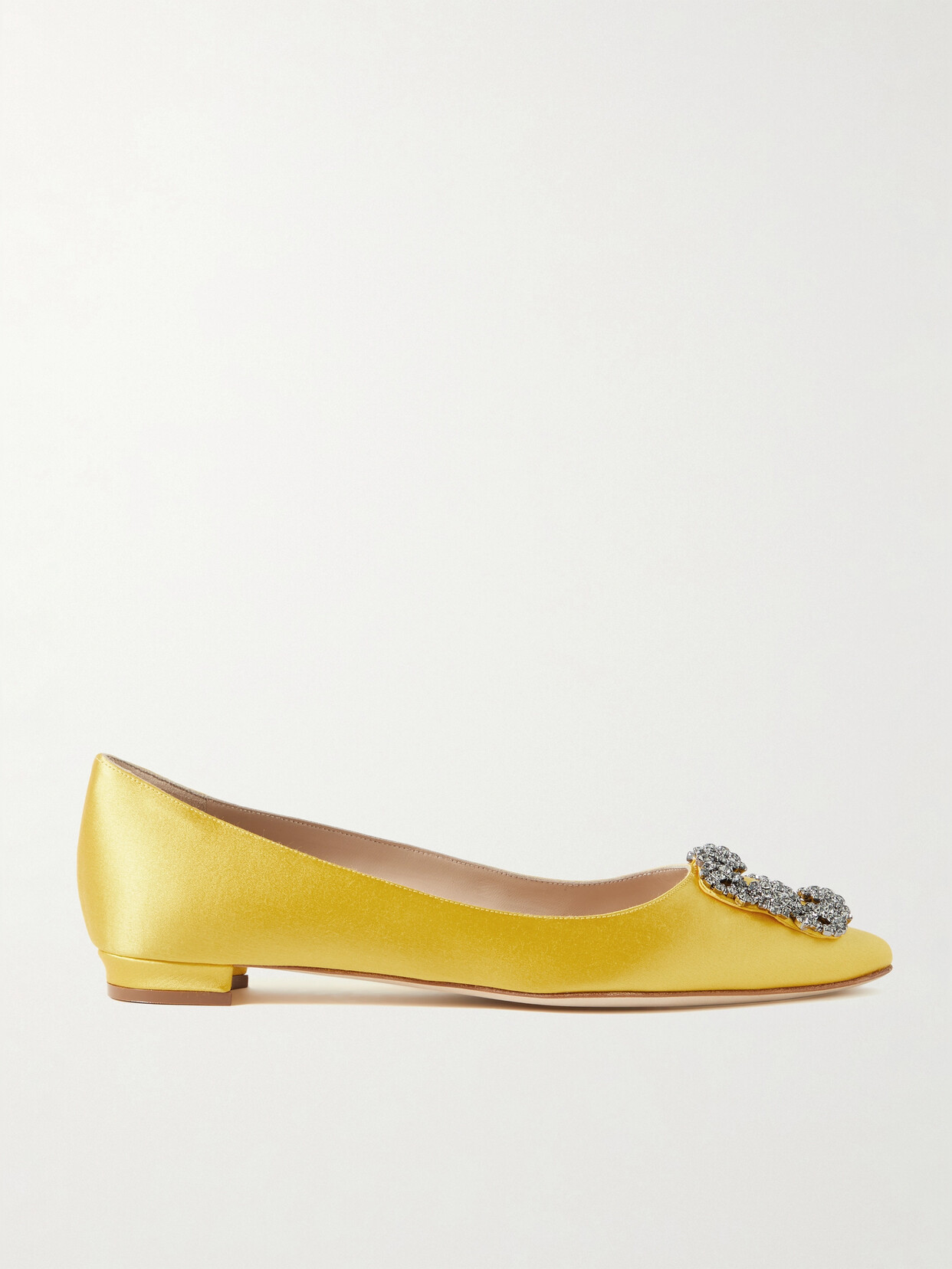 Shop Manolo Blahnik Hangisi Embellished Satin Point-toe Flats In Yellow