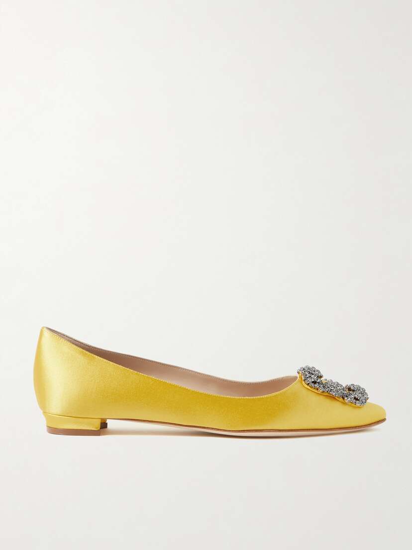 Manolo Blahnik Hangisi Crystal-embellished Satin Point-toe Flats