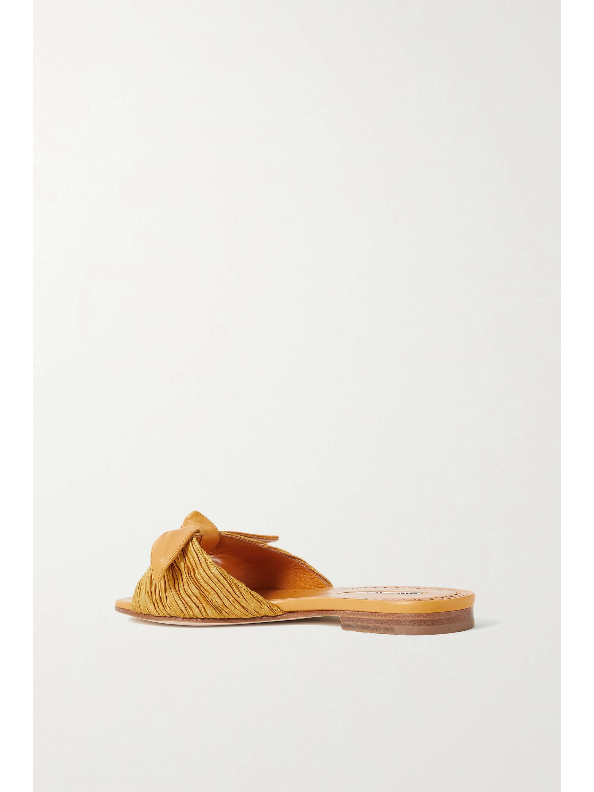 MANOLO BLAHNIK Notamu bow-detailed plissé-satin and leather slides