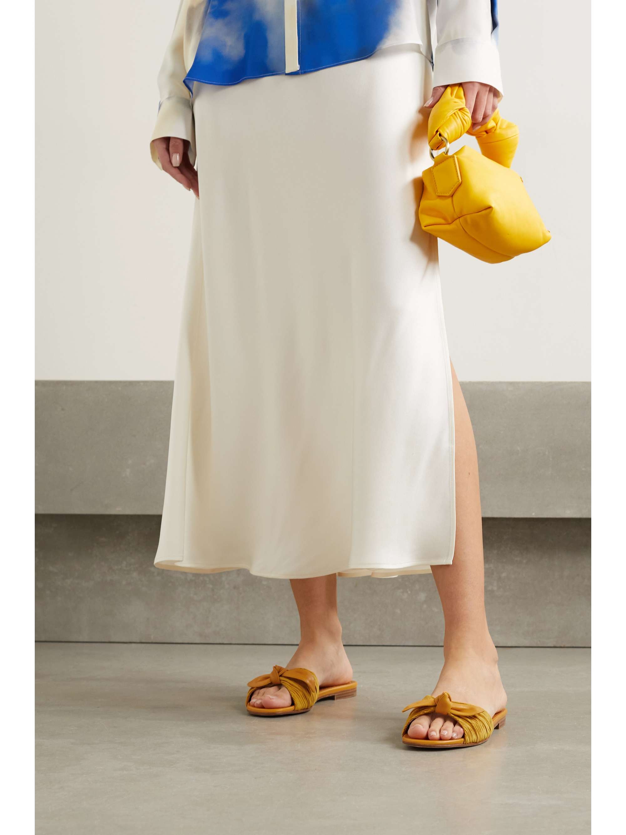 MANOLO BLAHNIK Notamu bow-detailed plissé-satin and leather slides
