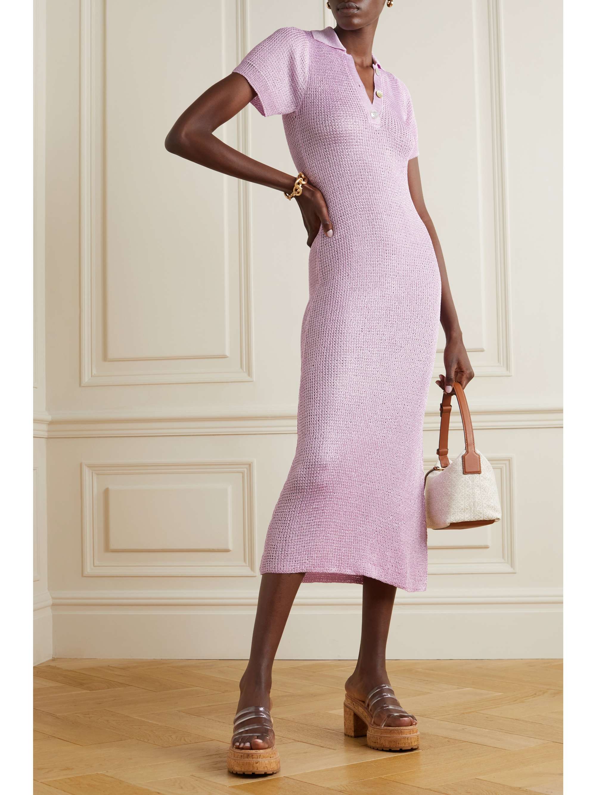 Pink + NET SUSTAIN open-knit midi dress 