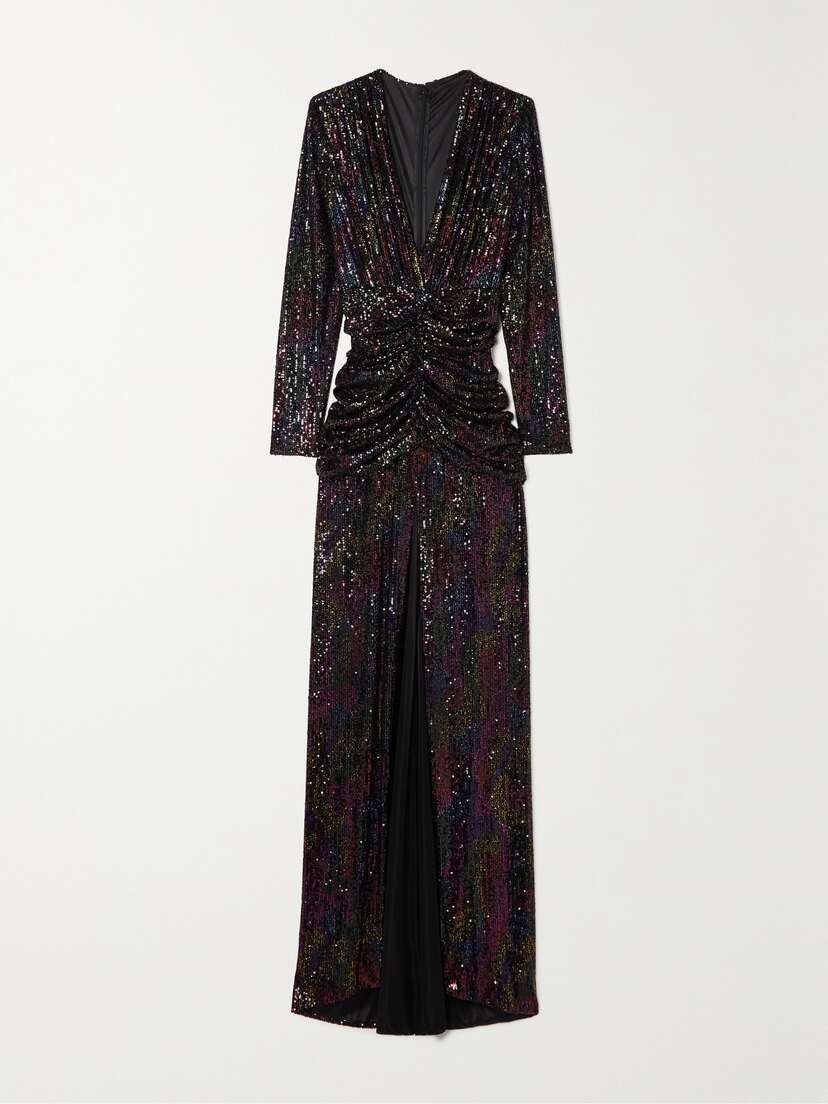 Costarellos Bria Sequined Ruched Stretch-jersey Gown