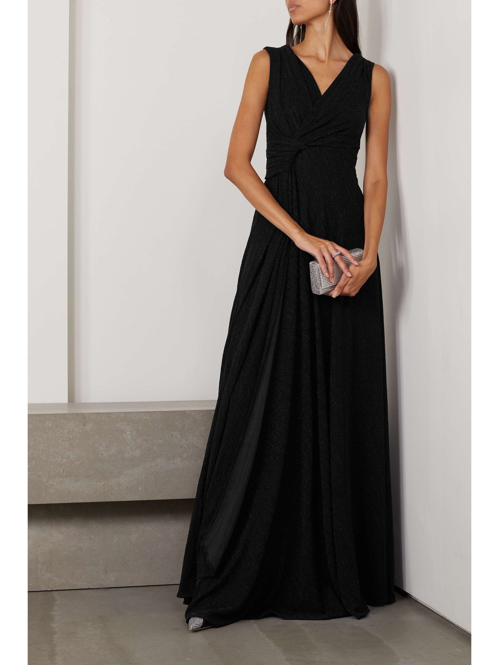 Black Twist-front metallic jersey gown 