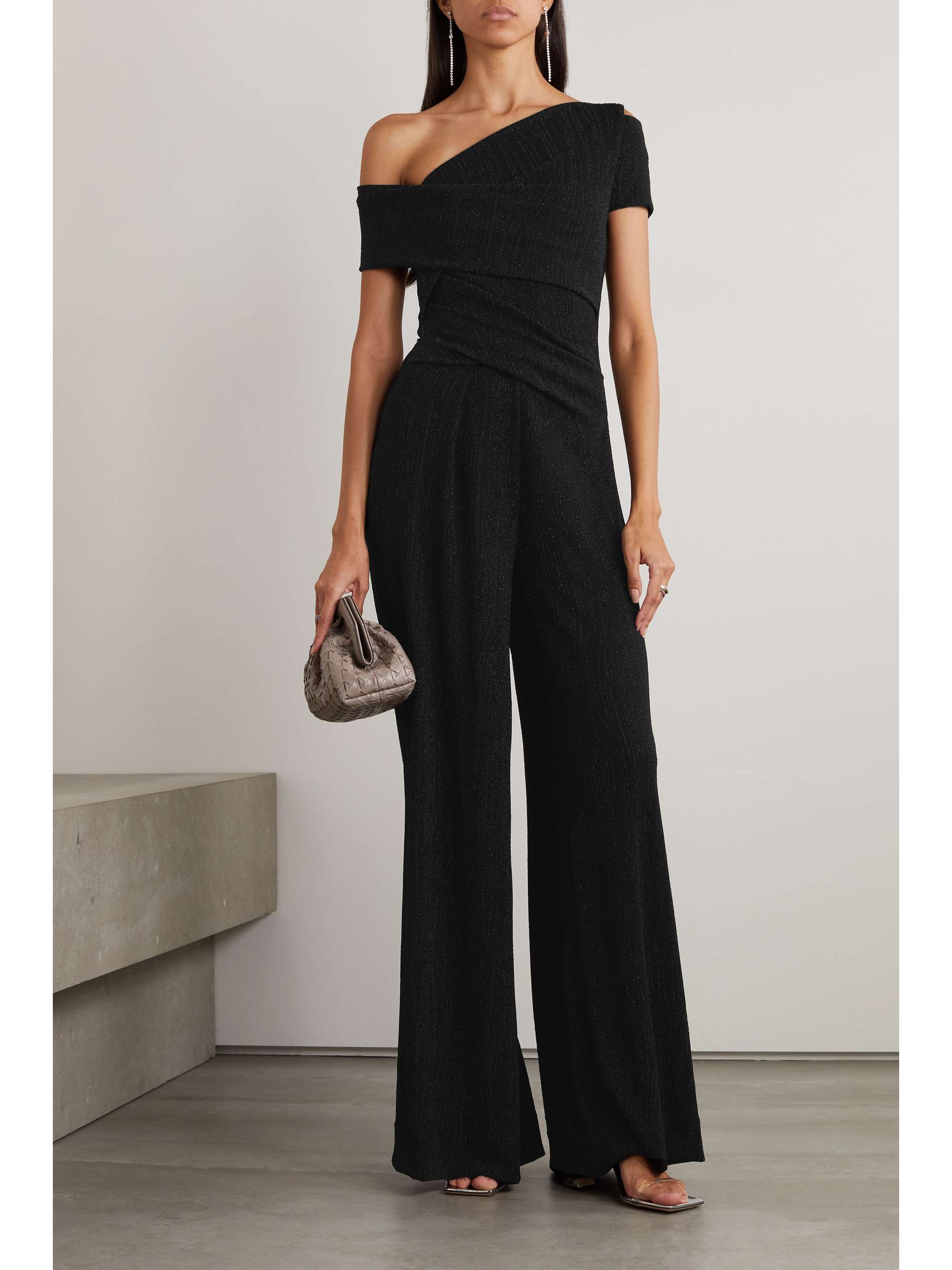 TALBOT RUNHOF Oneshoulder draped metallic stretchjersey jumpsuit