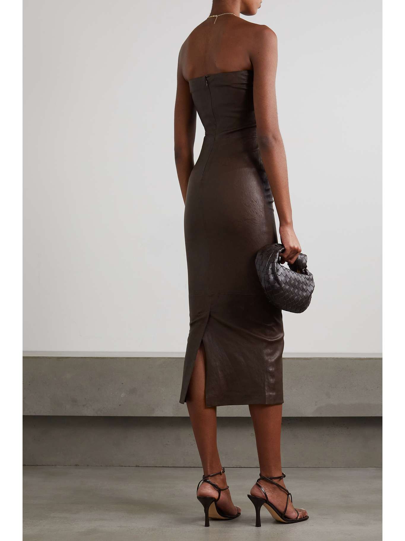 Brown Strapless paneled leather midi dress SPRWMN NETAPORTER