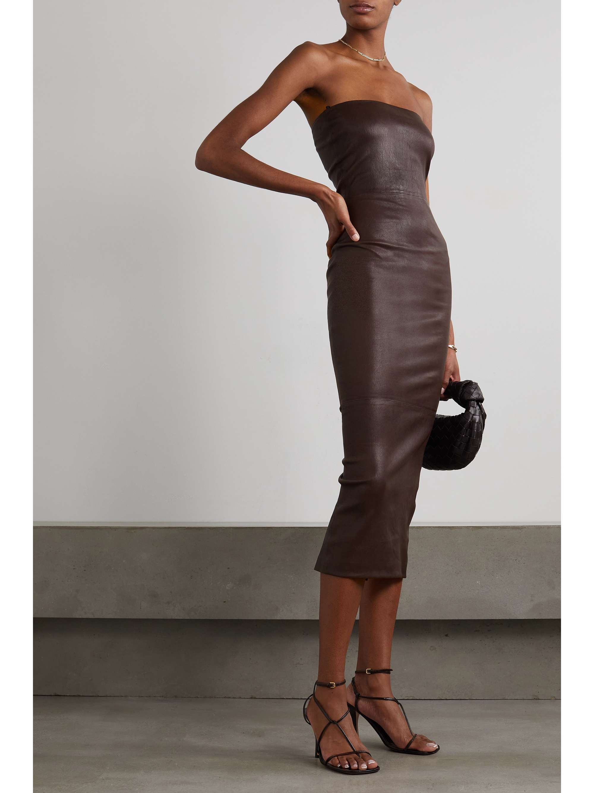 SPRWMN Strapless paneled leather midi dress NETAPORTER