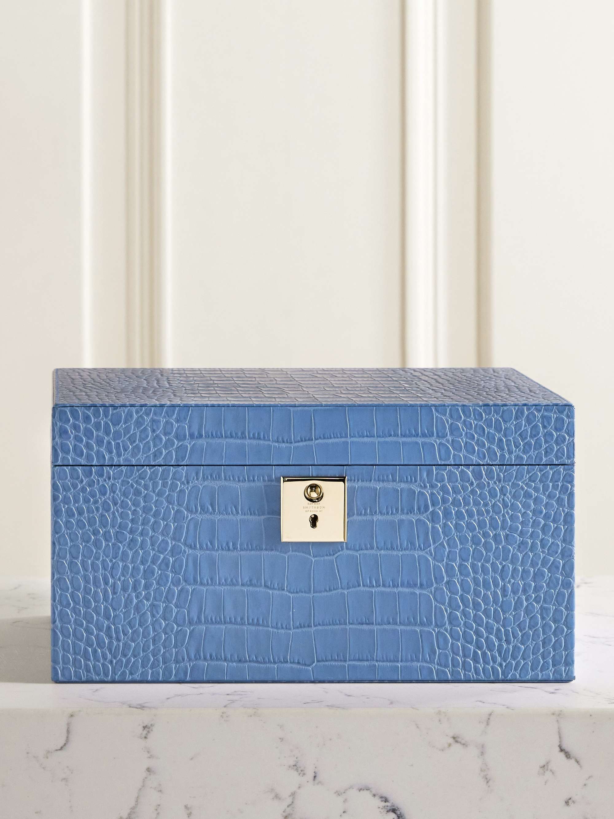 Smythson Mara Croc-effect Leather Jewelry Box - Navy