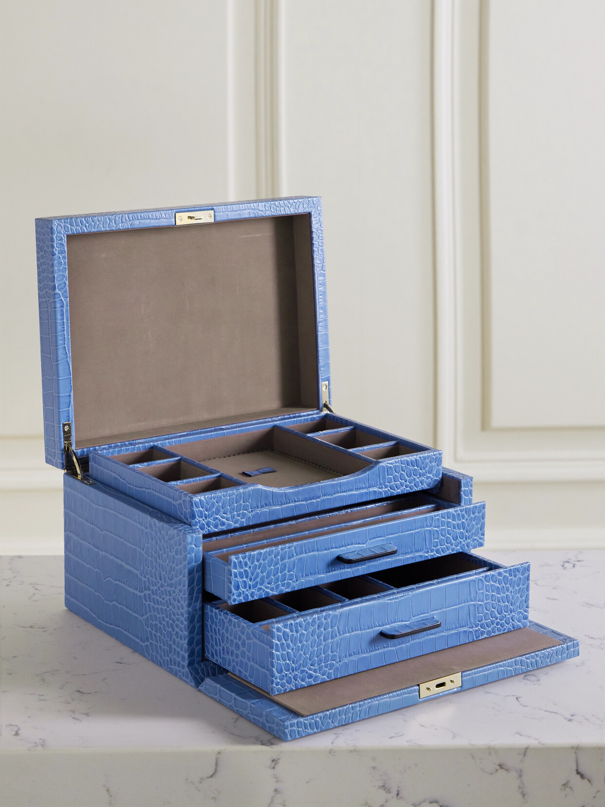 Smythson Mara Croc-effect Leather Jewelry Box In Blue