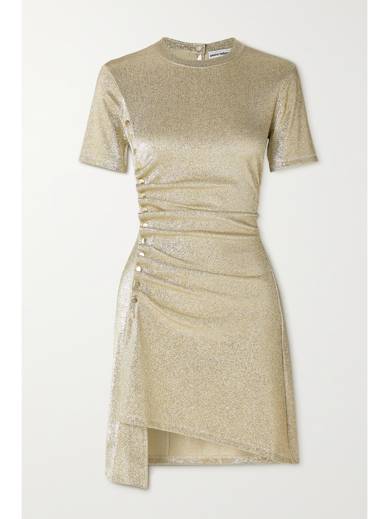 Rabanne Asymmetric Ruched Lamé Mini Dress In Gold