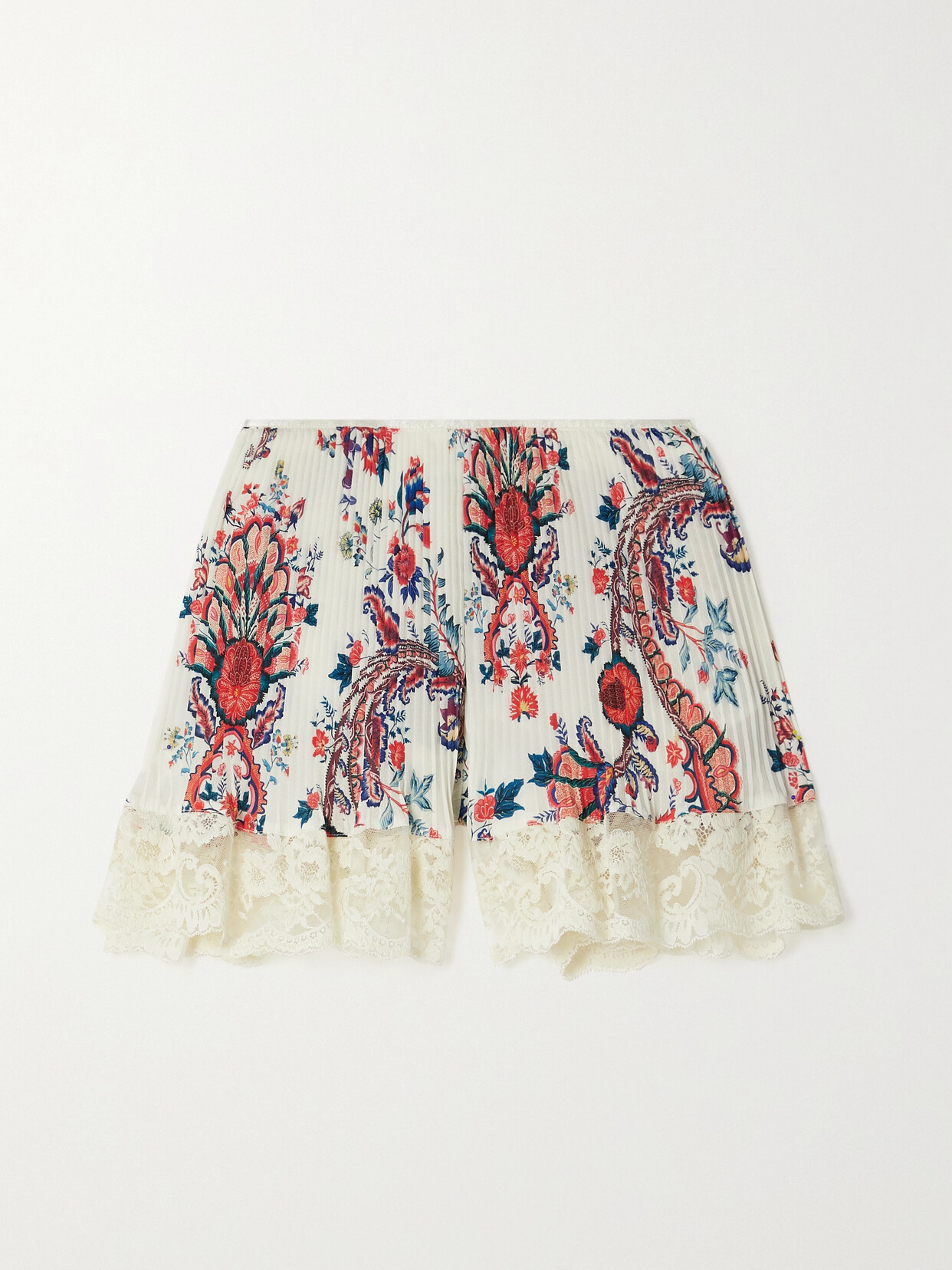 Rabanne - Lace-trimmed Floral-print Plissé-crepe De Chine Shorts - Neutrals