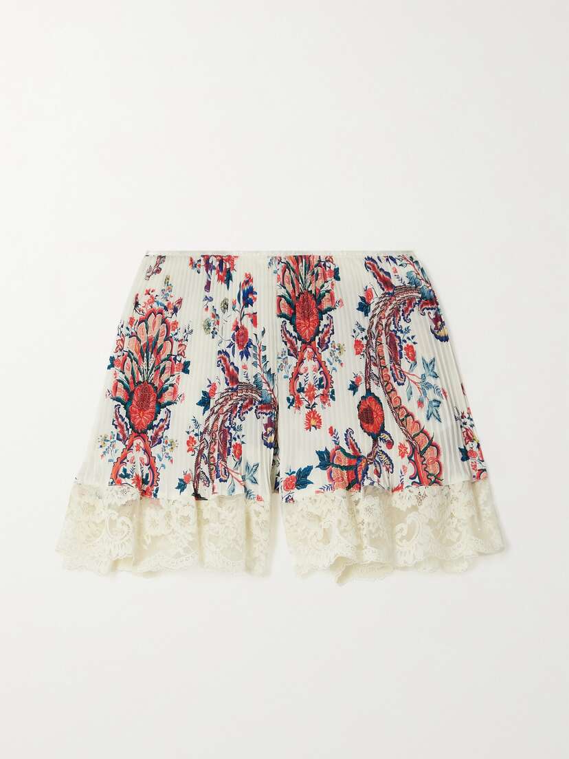 Rabanne Lace-trimmed Floral-print Plissé-crepe De Chine Shorts