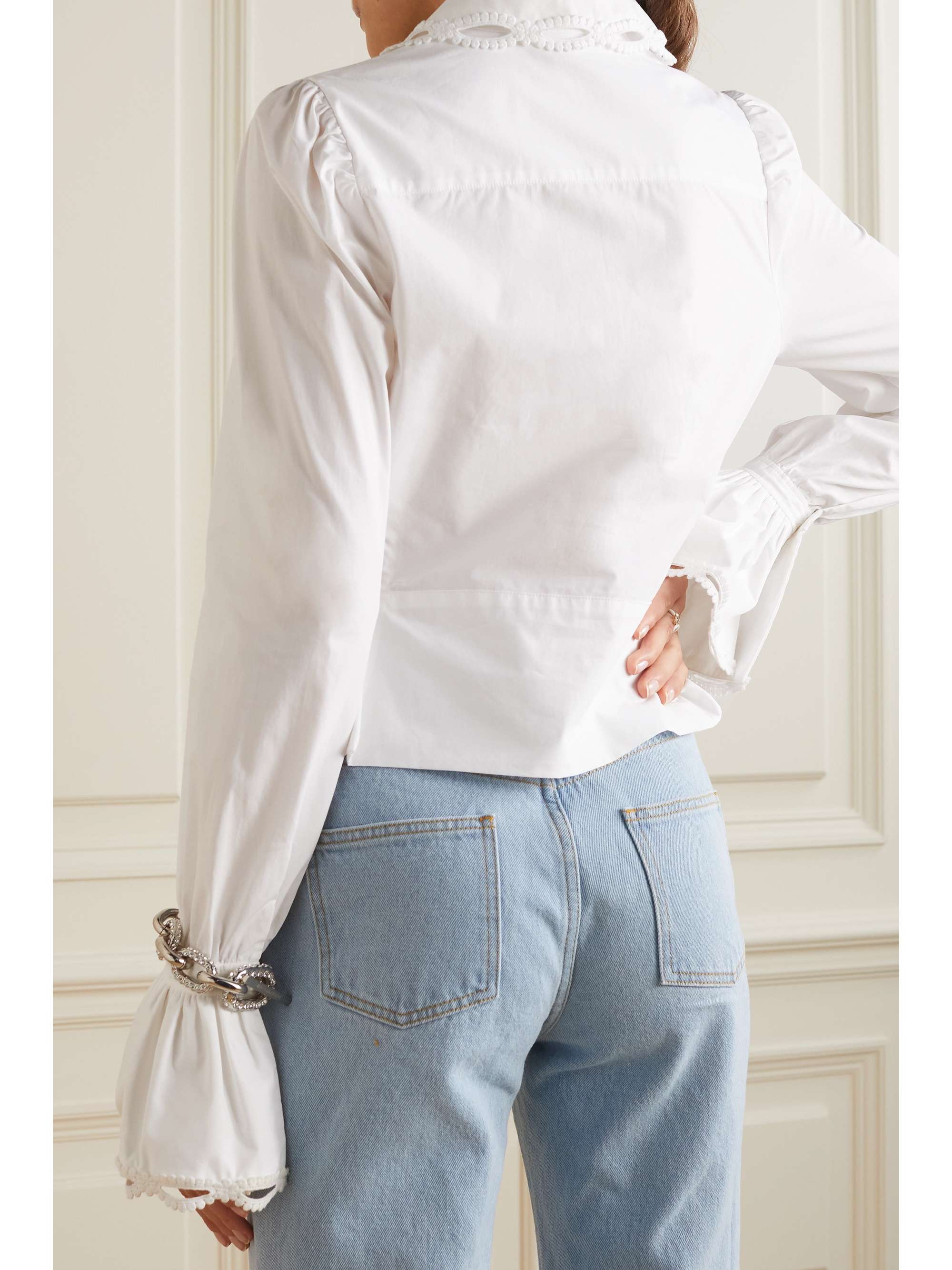 RABANNE Crochet-trimmed scalloped organic cotton-poplin peplum blouse