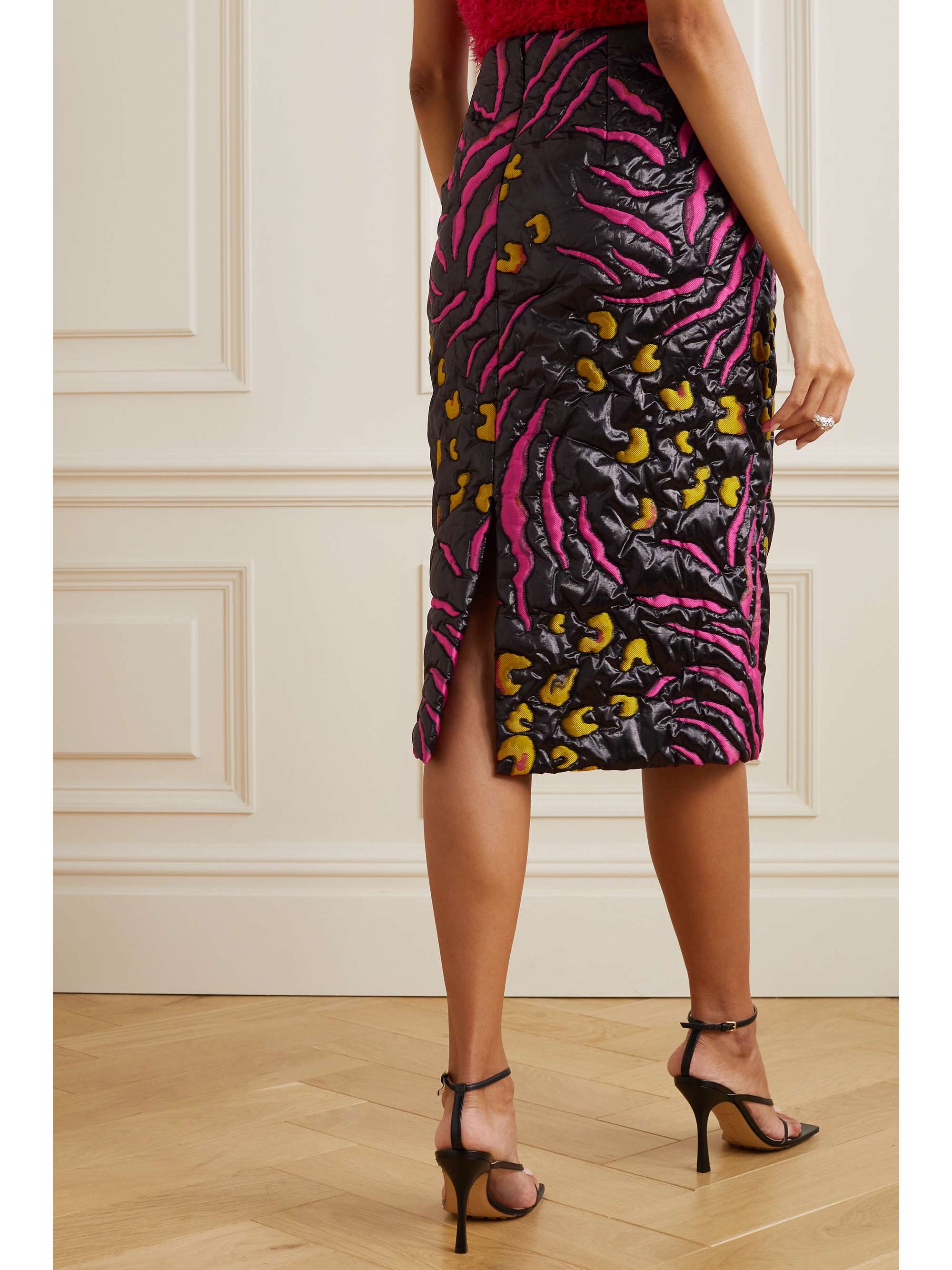 DRIES VAN NOTEN Quilted metallic shell and jacquard midi skirt