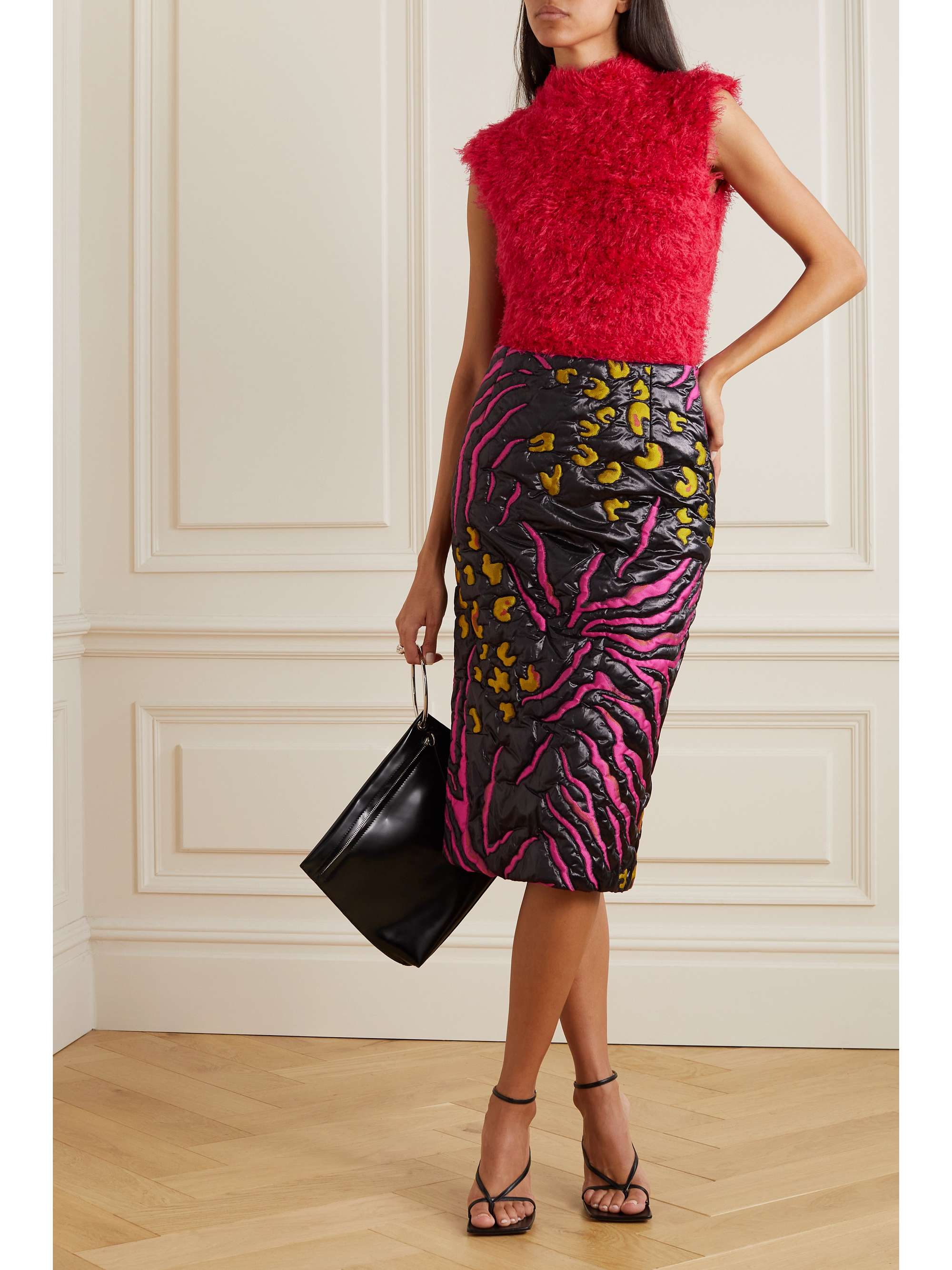 DRIES VAN NOTEN Quilted metallic shell and jacquard midi skirt