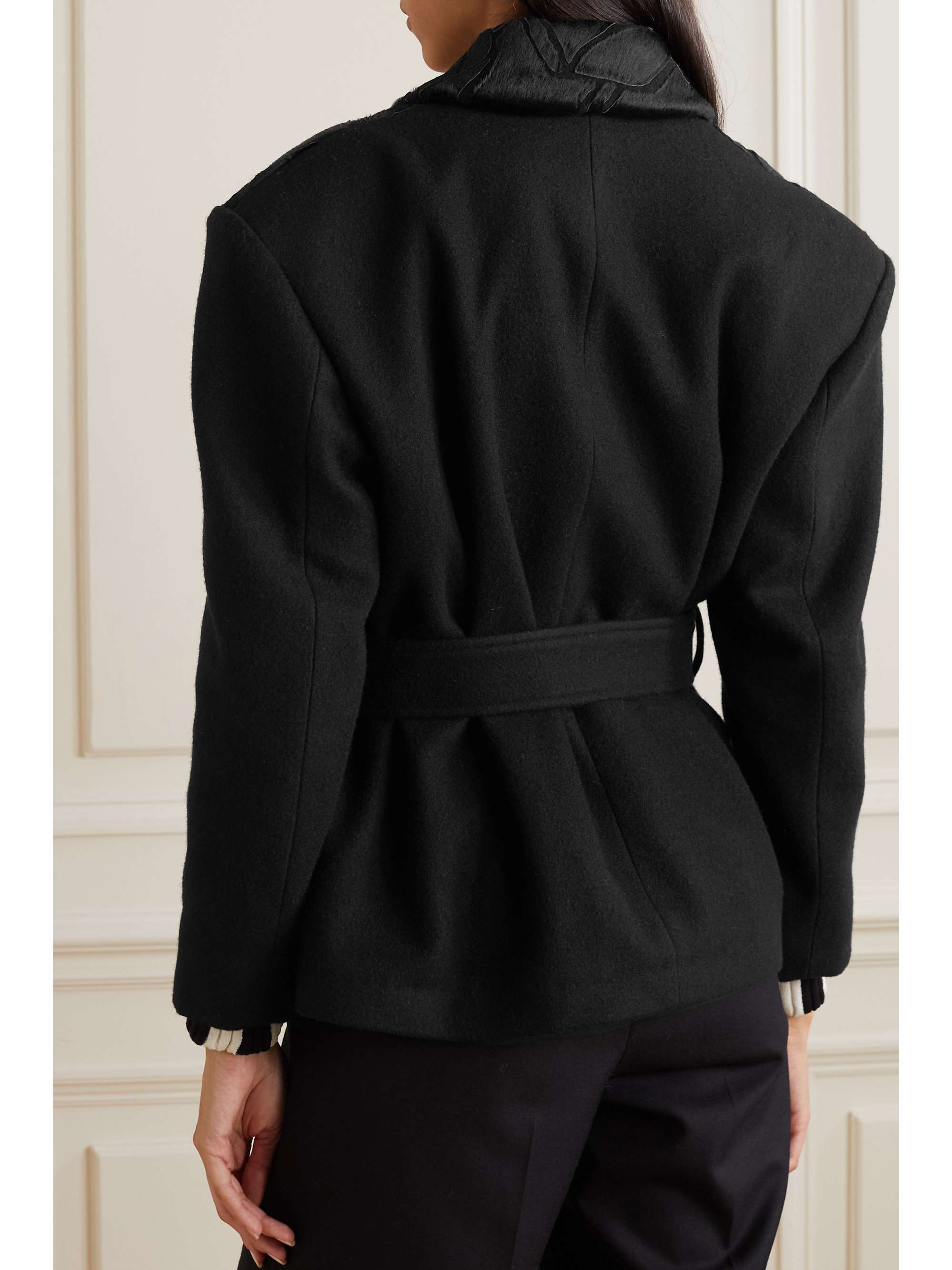DRIES VAN NOTEN Belted calf hair-paneled wool-blend coat