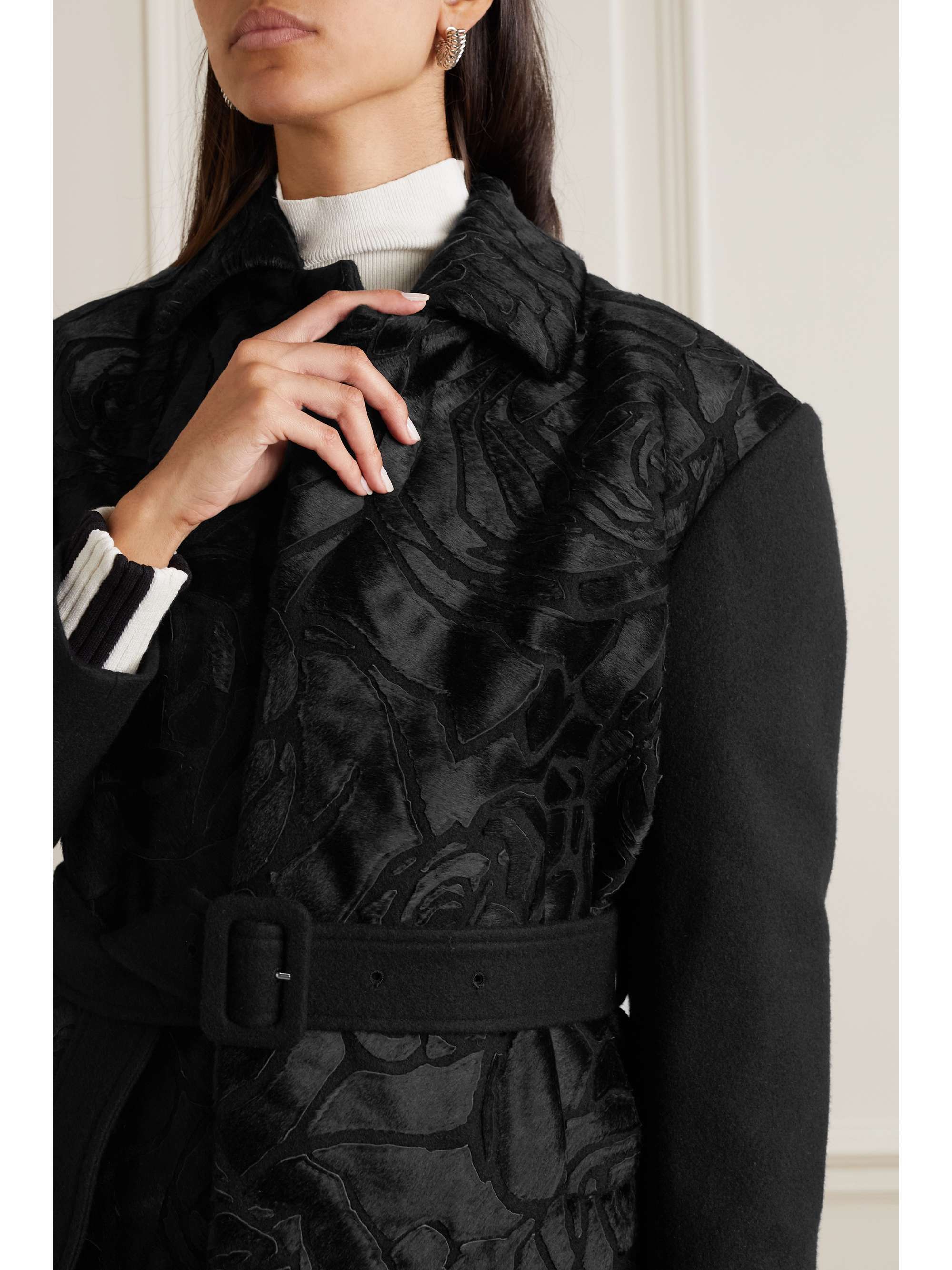 DRIES VAN NOTEN Belted calf hair-paneled wool-blend coat