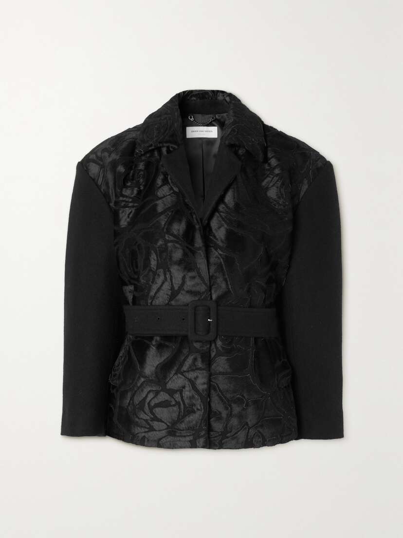 Dries Van Noten Belted Calf Hair-paneled Wool-blend Coat