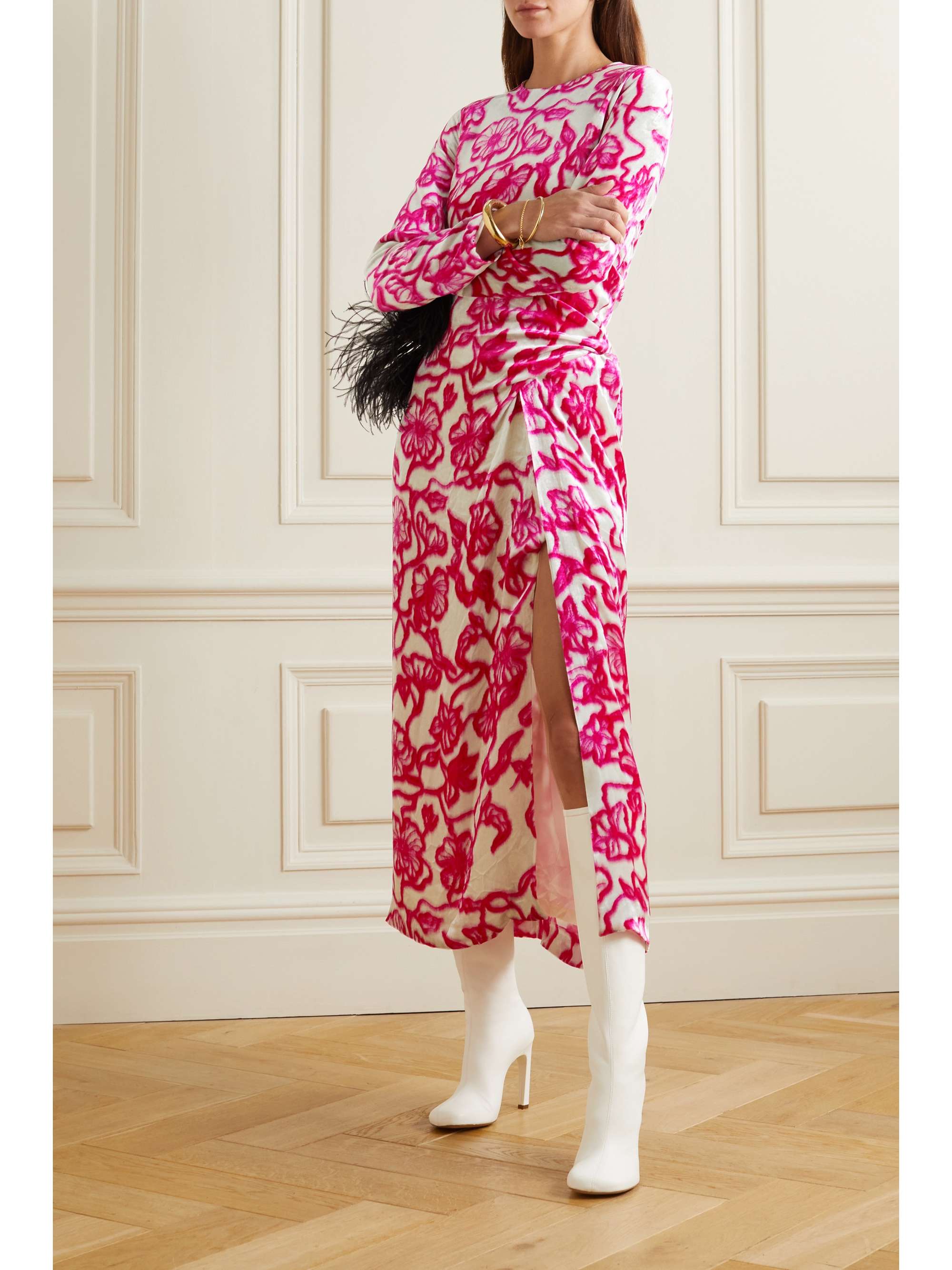DRIES VAN NOTEN 缩褶花卉印花天鹅绒中长连衣裙