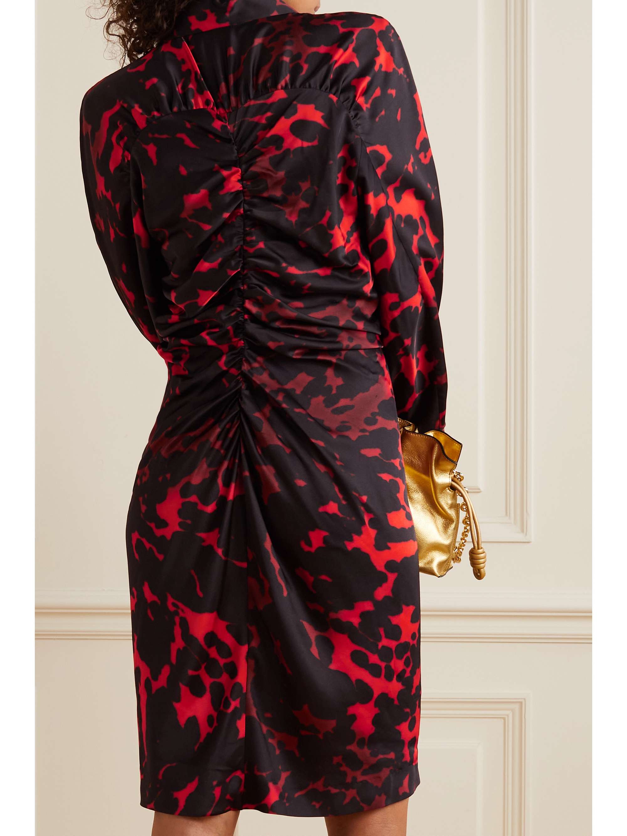 DRIES VAN NOTEN 褶饰印花缎布衬衫式连衣裙