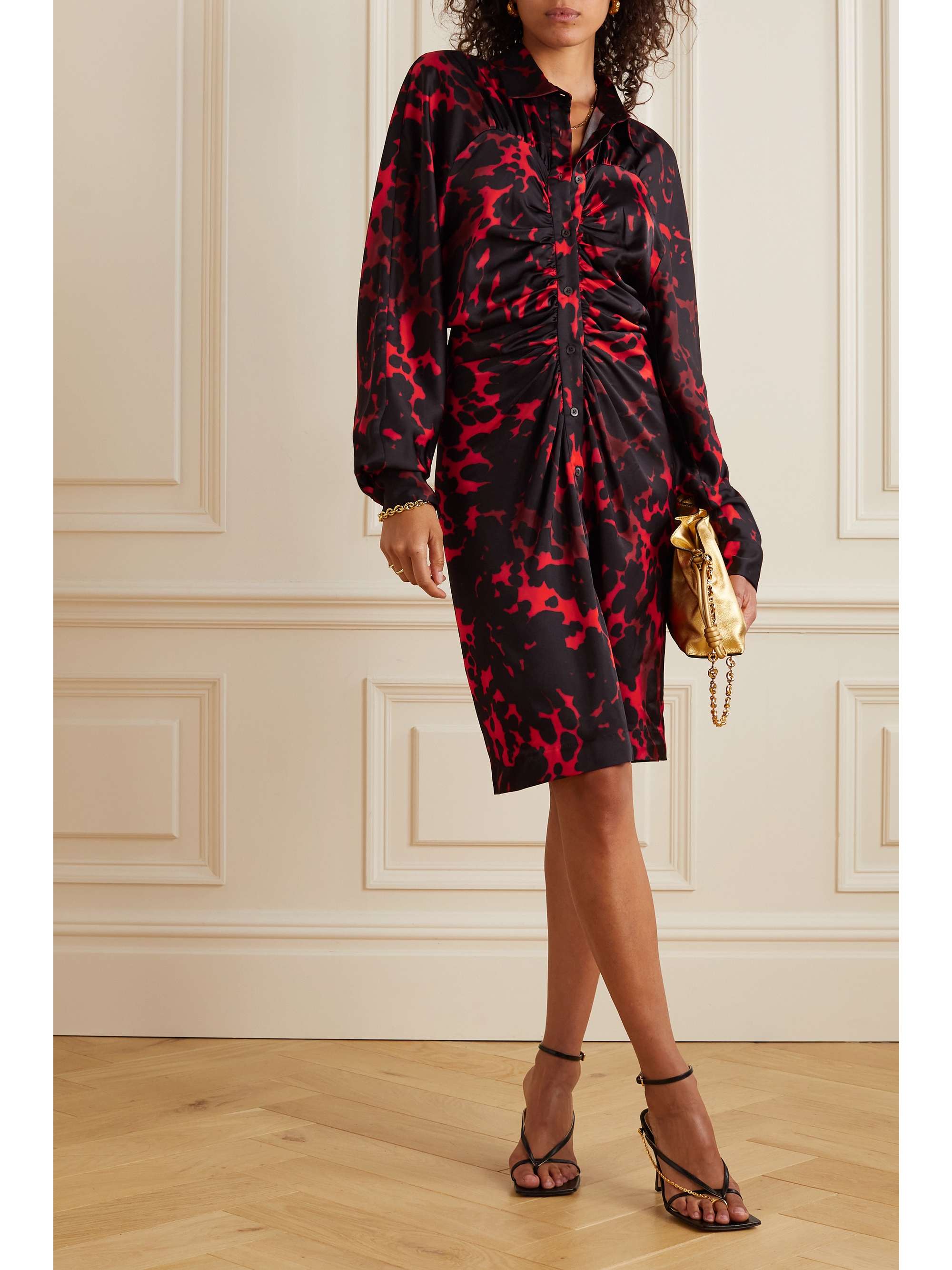 DRIES VAN NOTEN 褶饰印花缎布衬衫式连衣裙